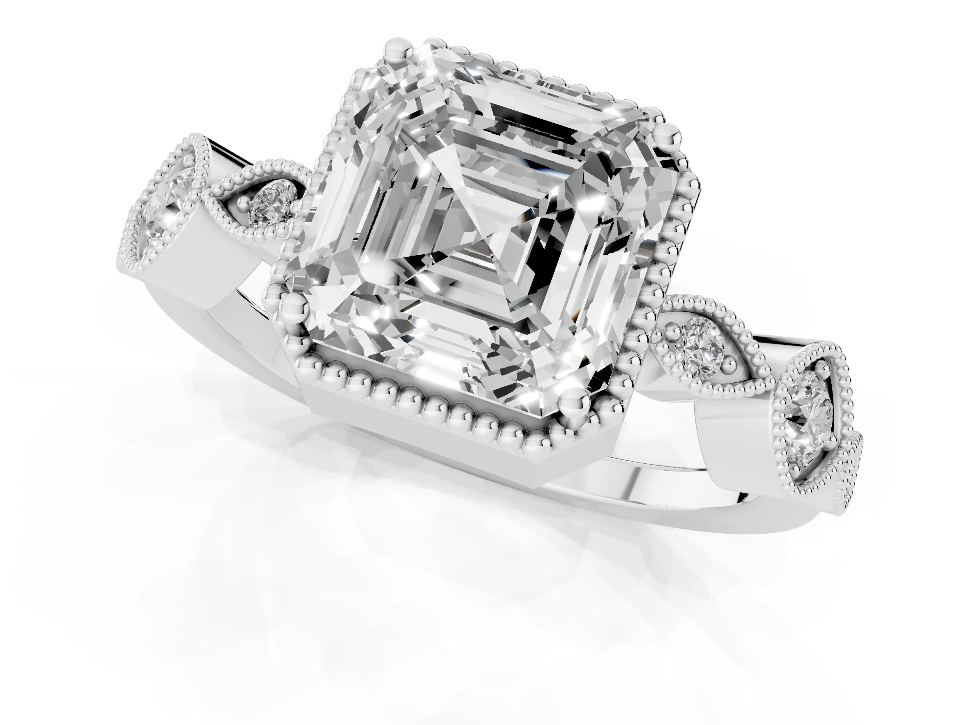 Asscher Cut Diamond Vintage-Inspired Milgrain Ring Set in White gold with Marquise Stations of Round Accents