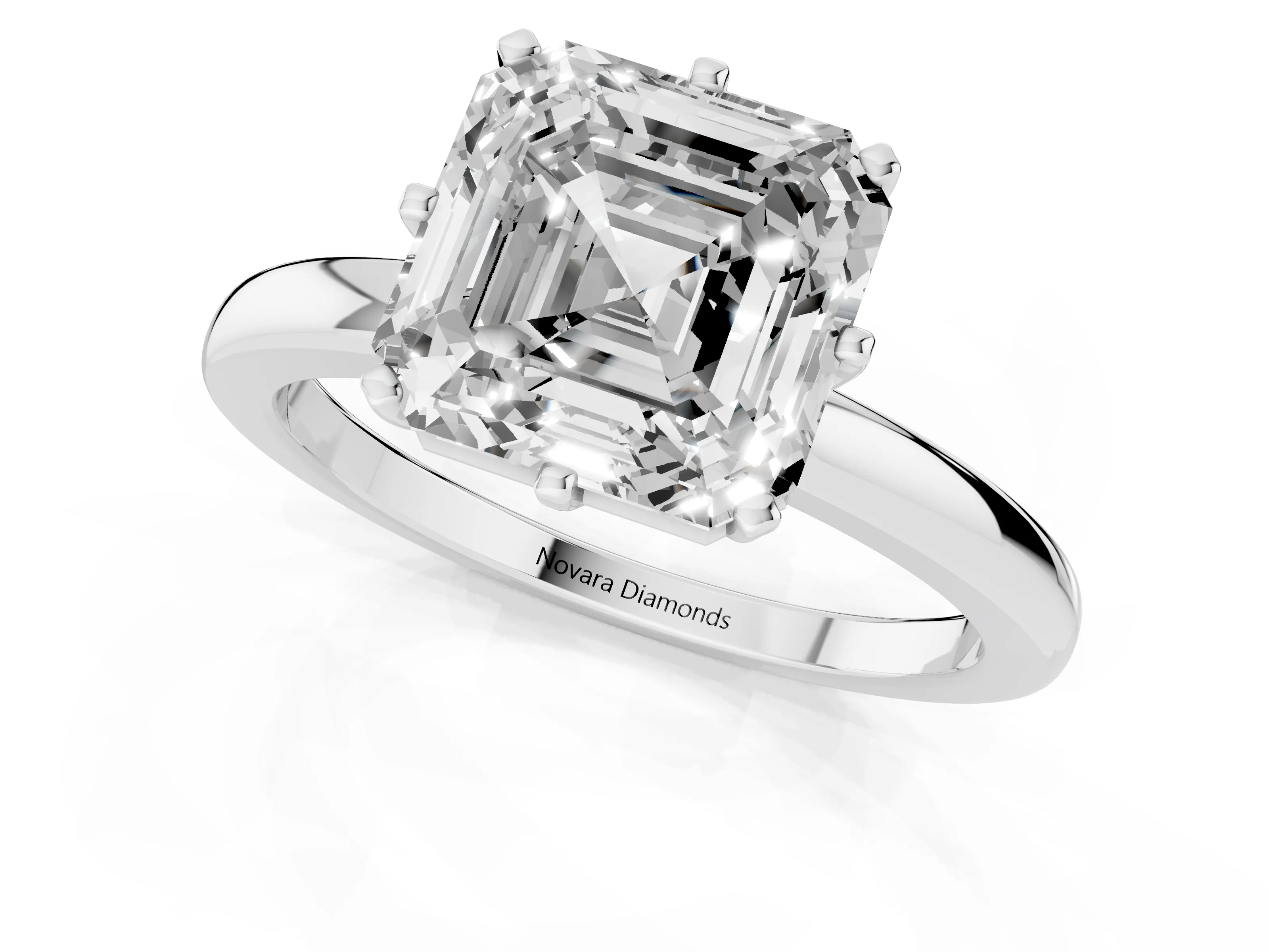 Asscher Cut Diamond Solitaire Ring Set in Platinum with Raised Prong Setting on a Classic Band