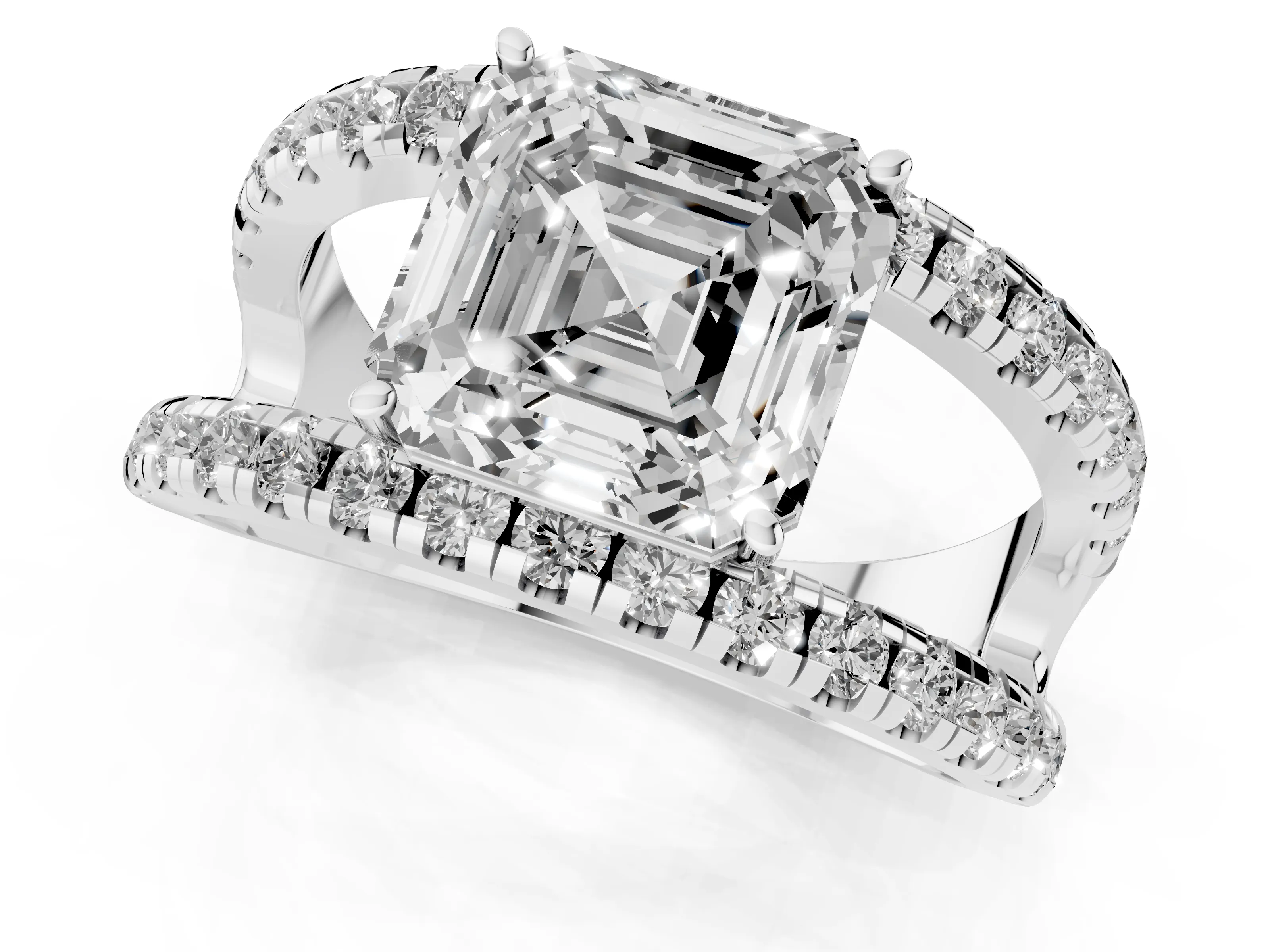 Asscher Cut Diamond Split Shank Pavé Solitaire Ring Set in Platinum with Open Shank Design