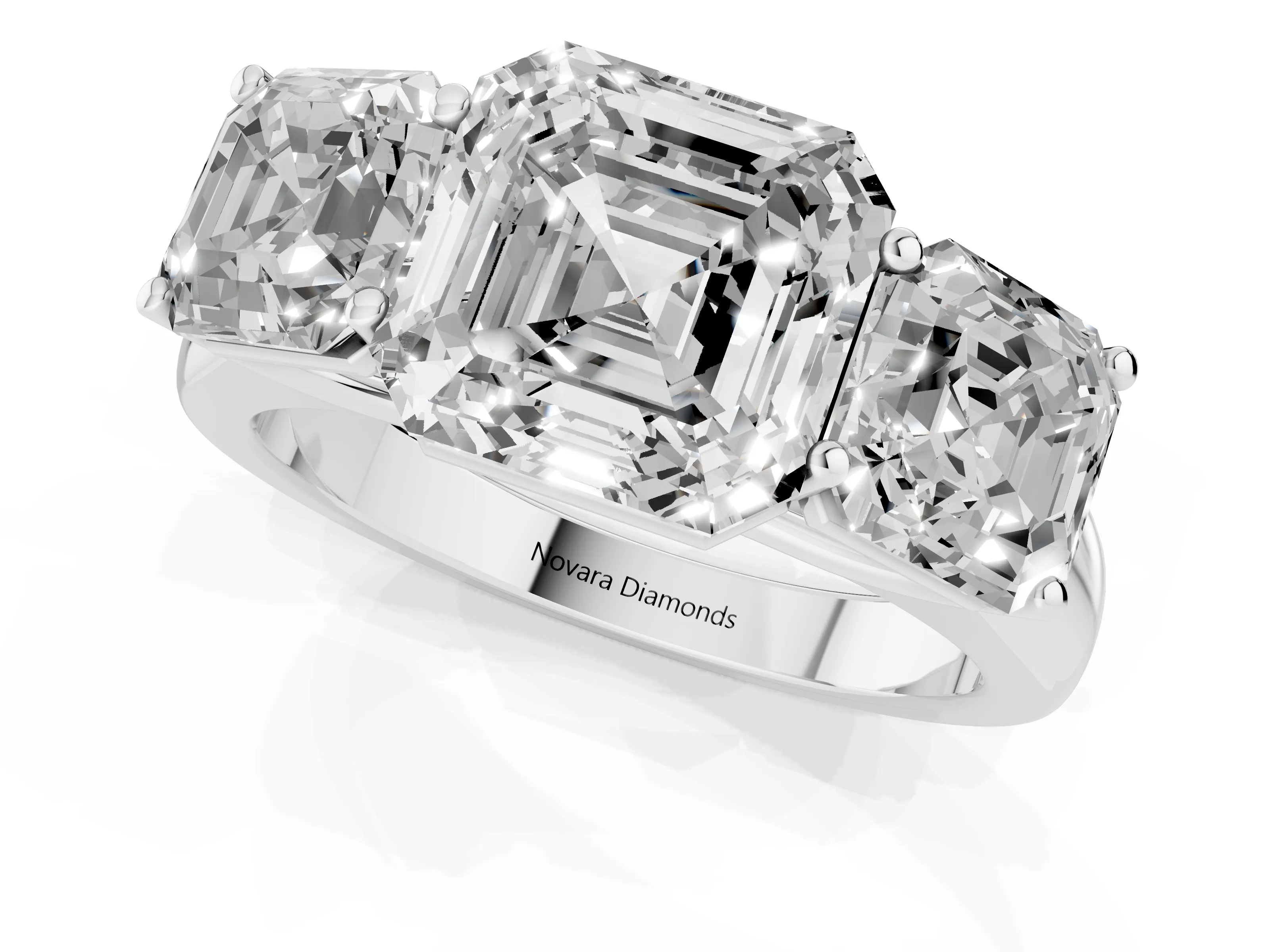 Asscher Cut Diamond Three-Stone Ring Set in White gold with Plain Polished Band