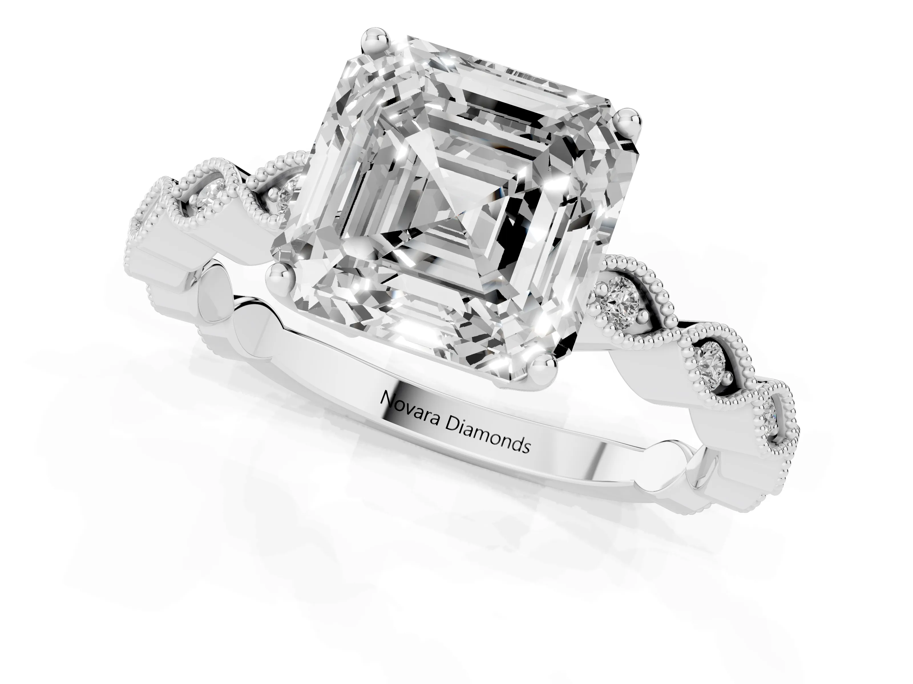 Asscher Cut Diamond Solitaire Ring Set in Silver with Infinity Twist Pavé Band