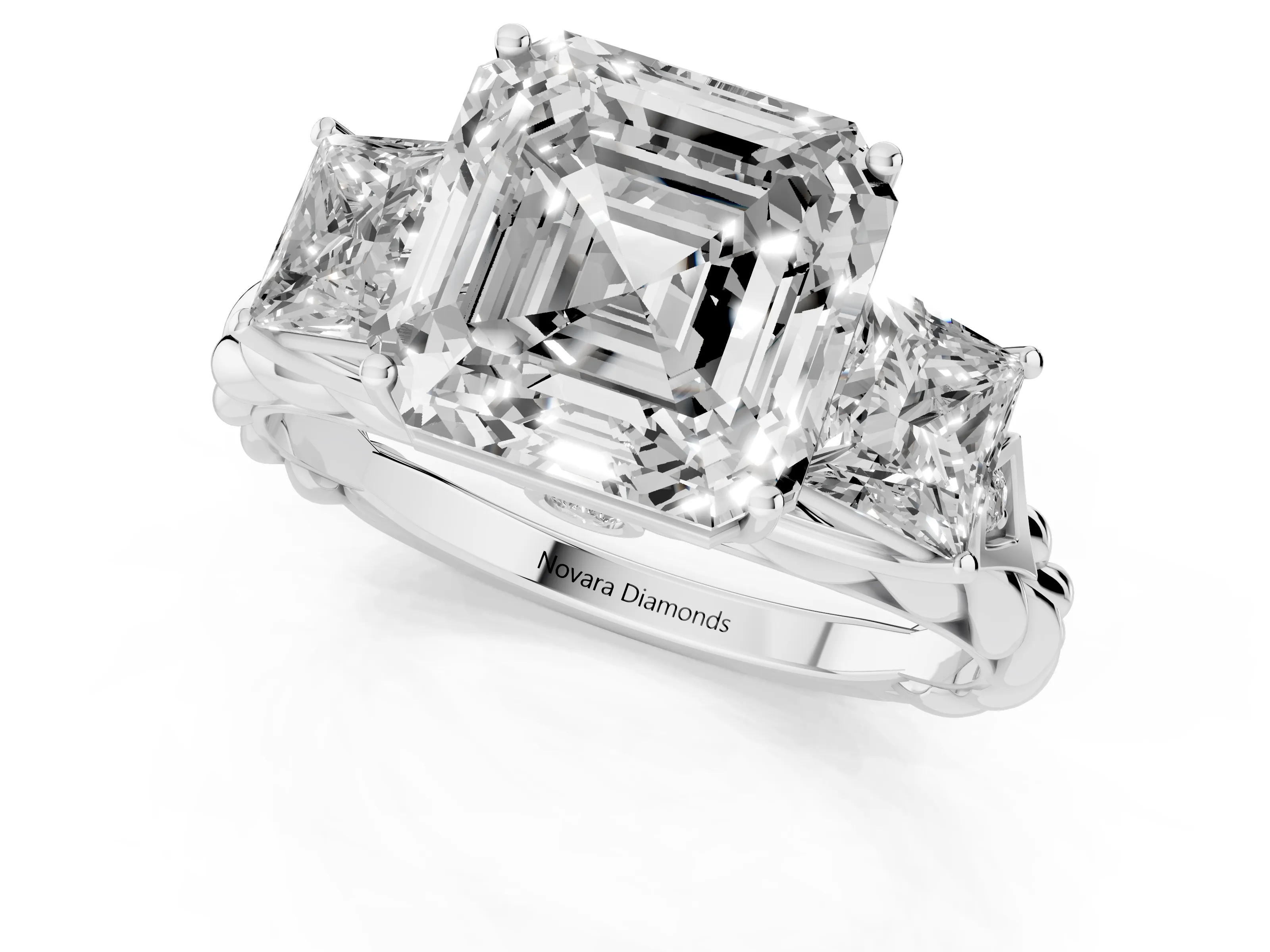 Asscher Cut Diamond Three-Stone Ring Set in Silver with Braided Band