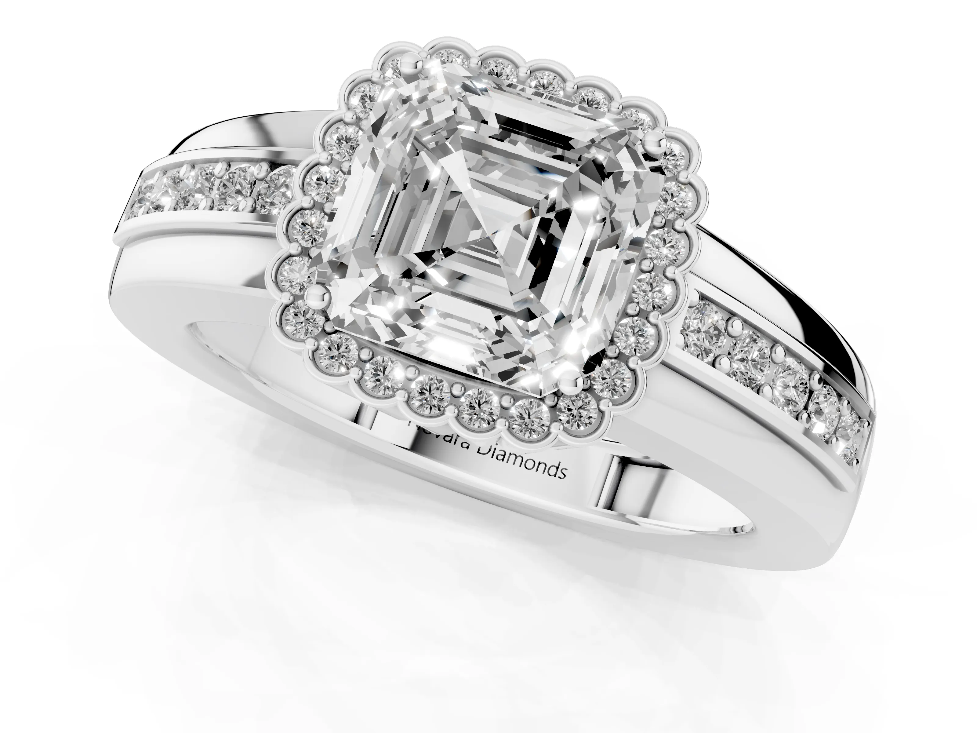 Asscher Cut Diamond Halo Prong Ring Set in Platinum with Pavé Band