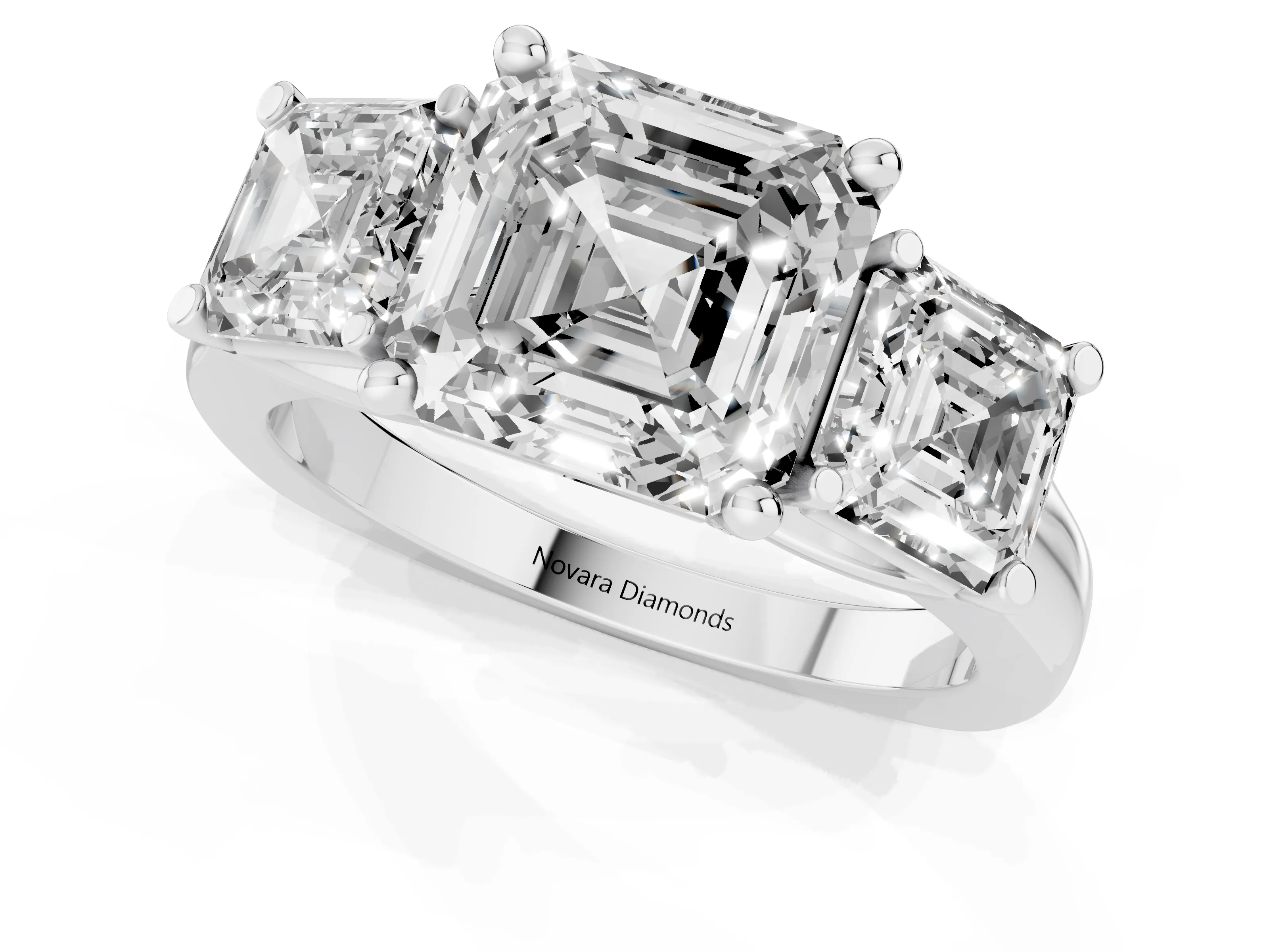 Asscher Cut Diamond Three-Stone Trellis Ring Set in White gold with Comfort Fit Band
