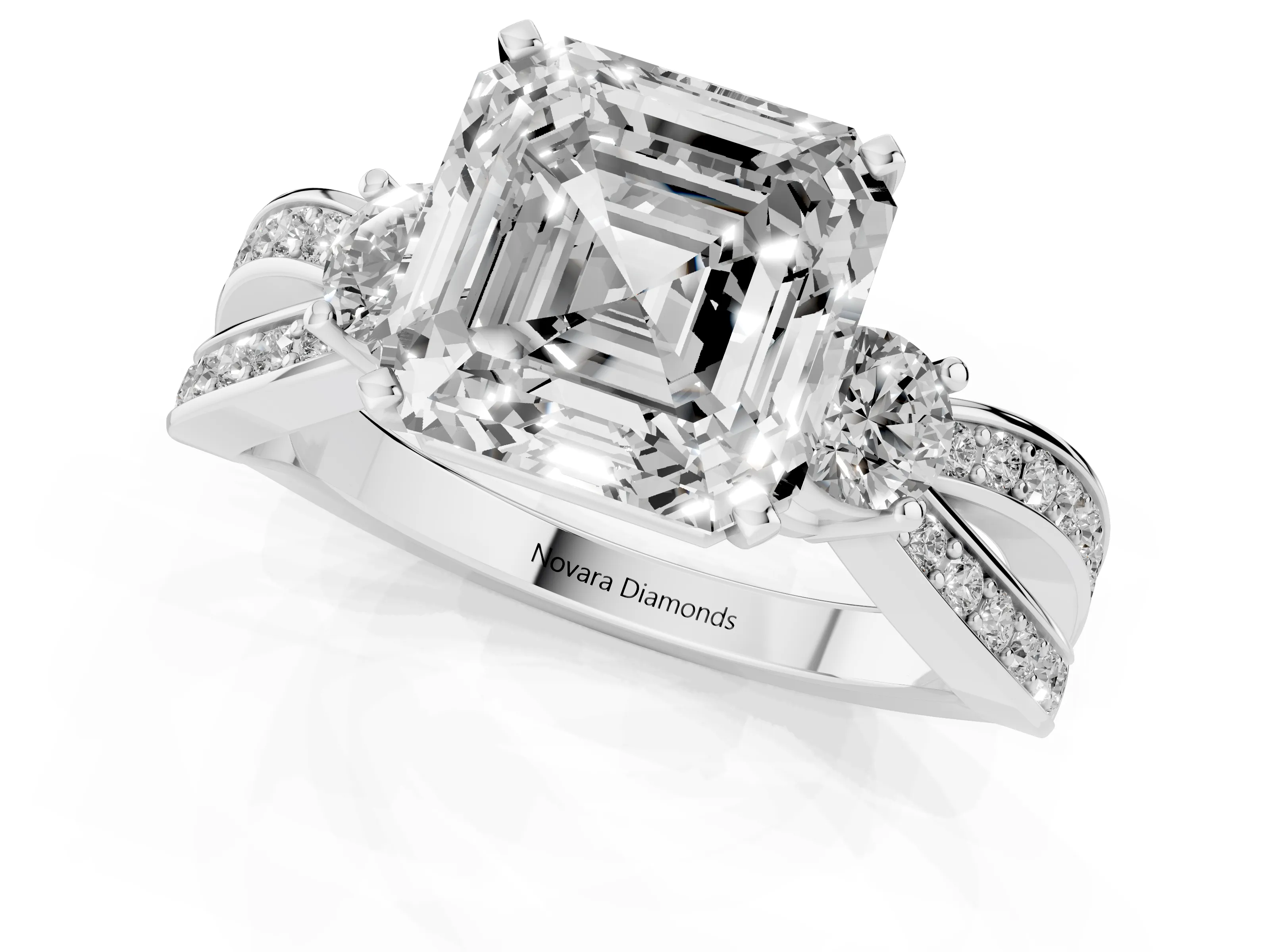 Three-Stone Asscher Cut Diamond Twist Band Ring Set in Silver with Pavé Accents and Prong Setting