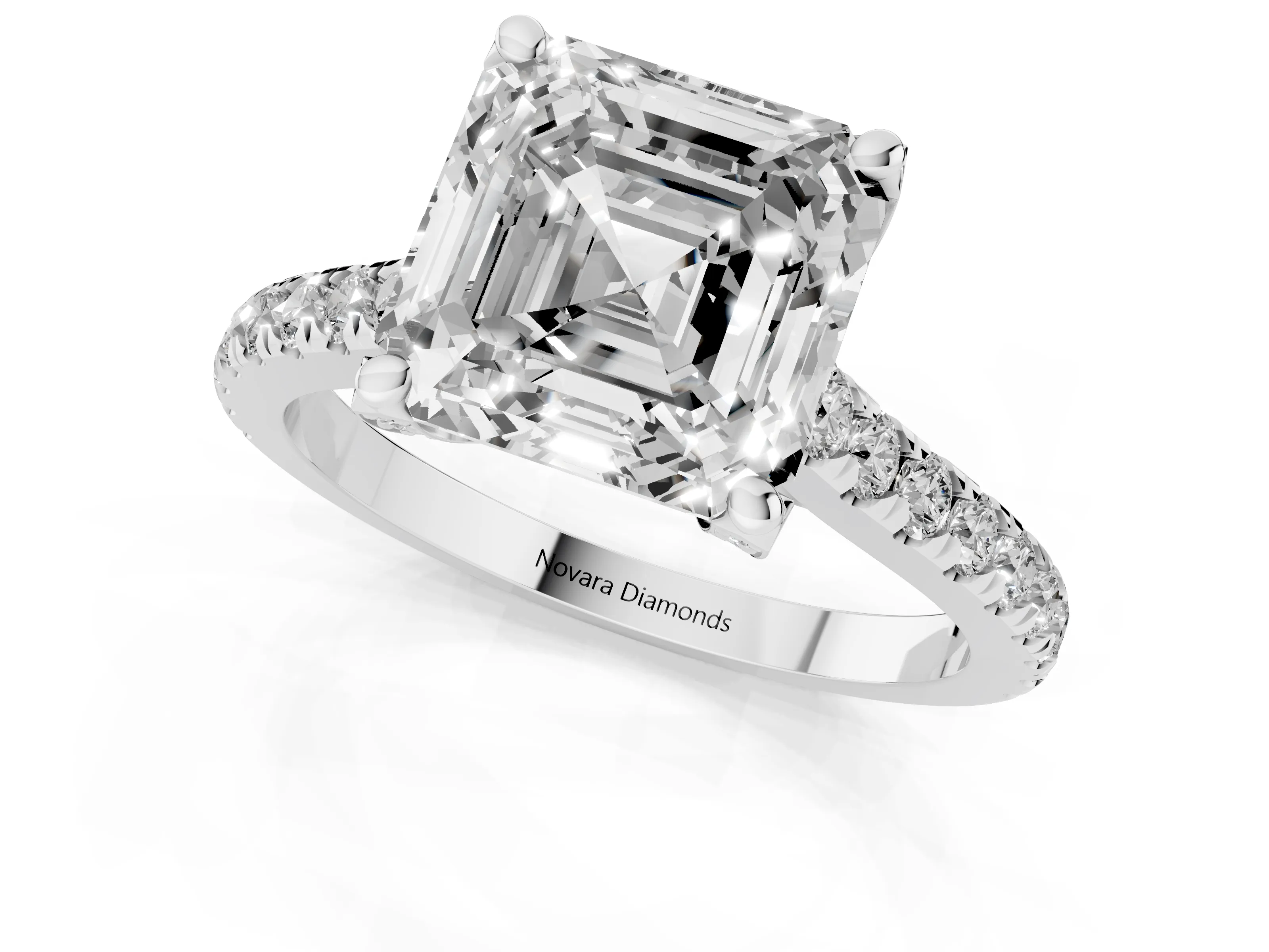 Asscher Cut Diamond Solitaire Ring Set in Platinum with Brilliant Pavé Band and Prong Setting