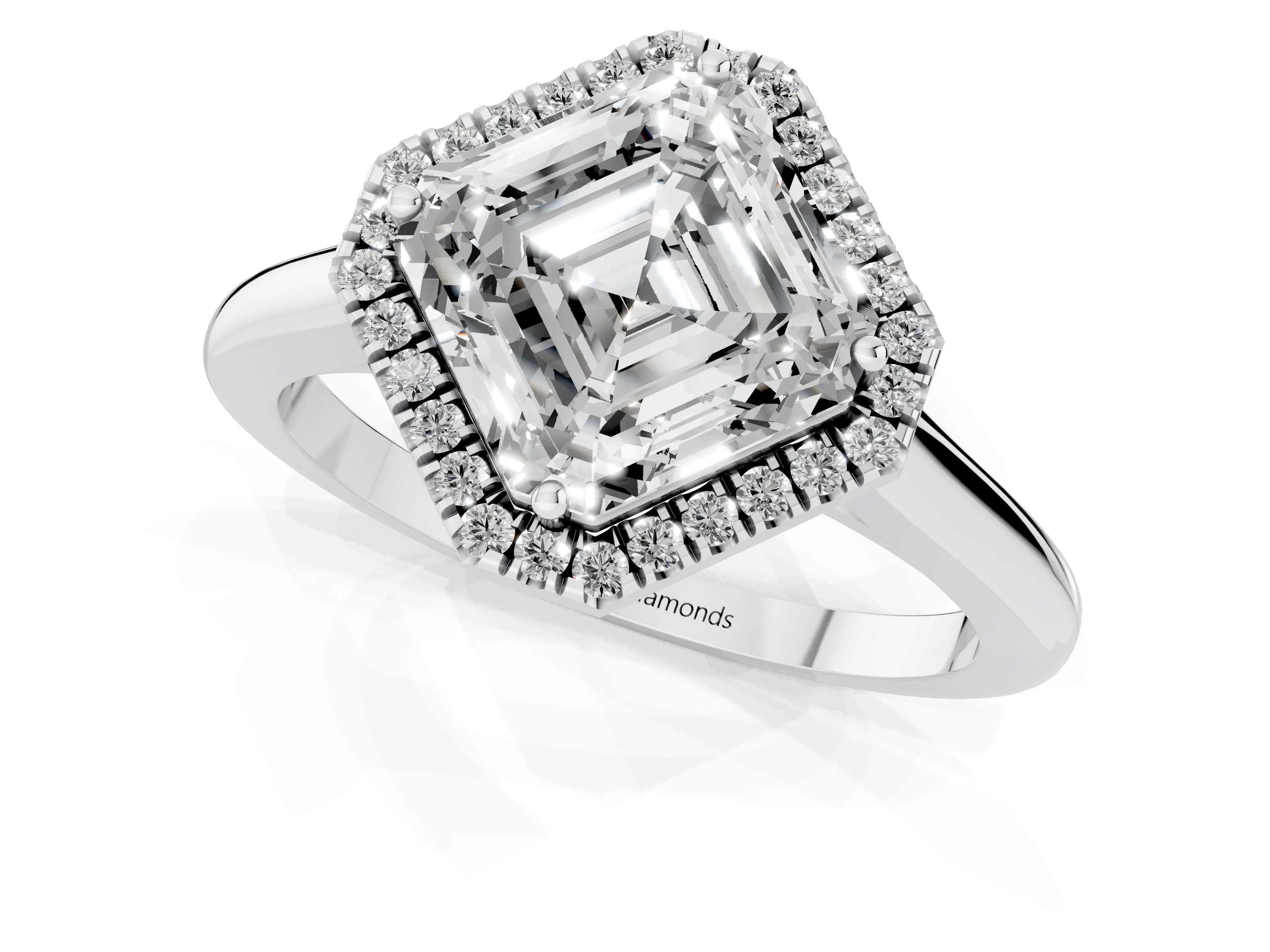 Asscher Cut Diamond Halo Engagement Ring Set in White gold with Pavé Band and Rising Shoulders – second view