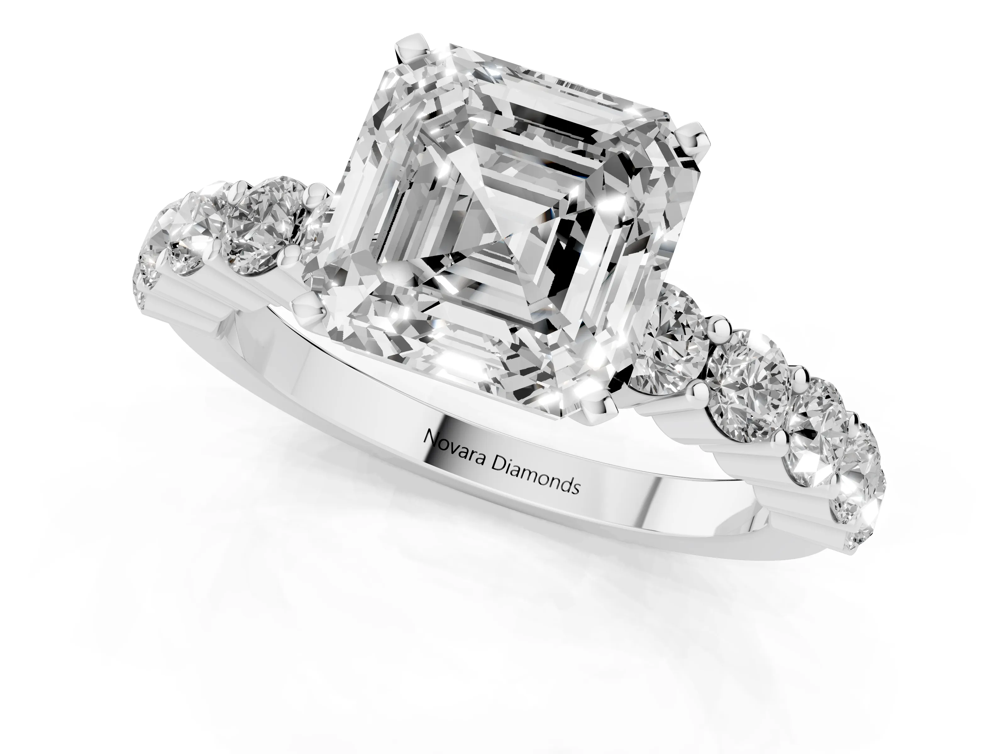 Asscher Cut Diamond Solitaire Ring Set in Silver with Shared Prong Round Side Stones