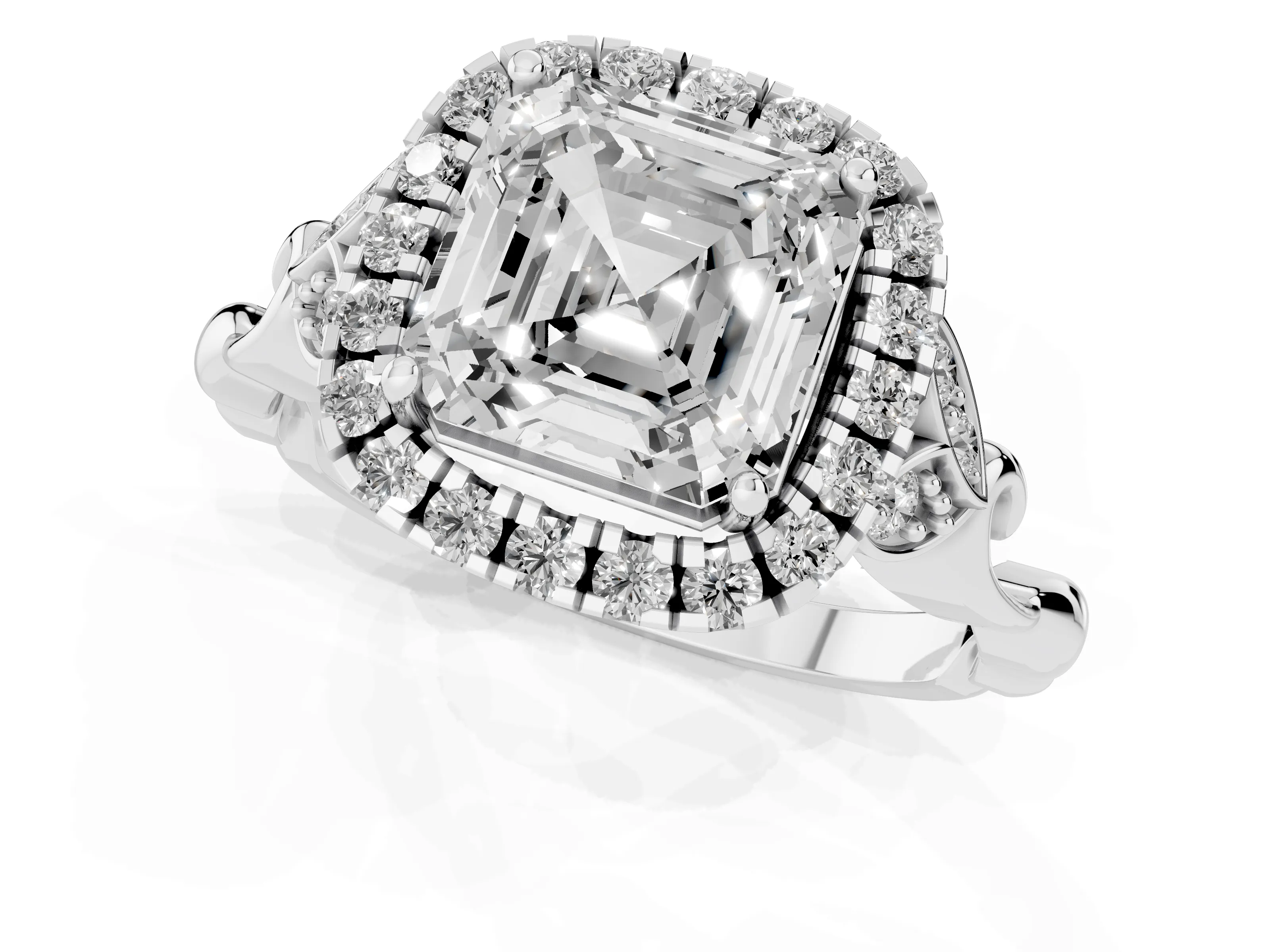 Asscher Cut Diamond Halo Engagement Ring Set in Platinum with Vintage-Inspired Band and Prong Setting