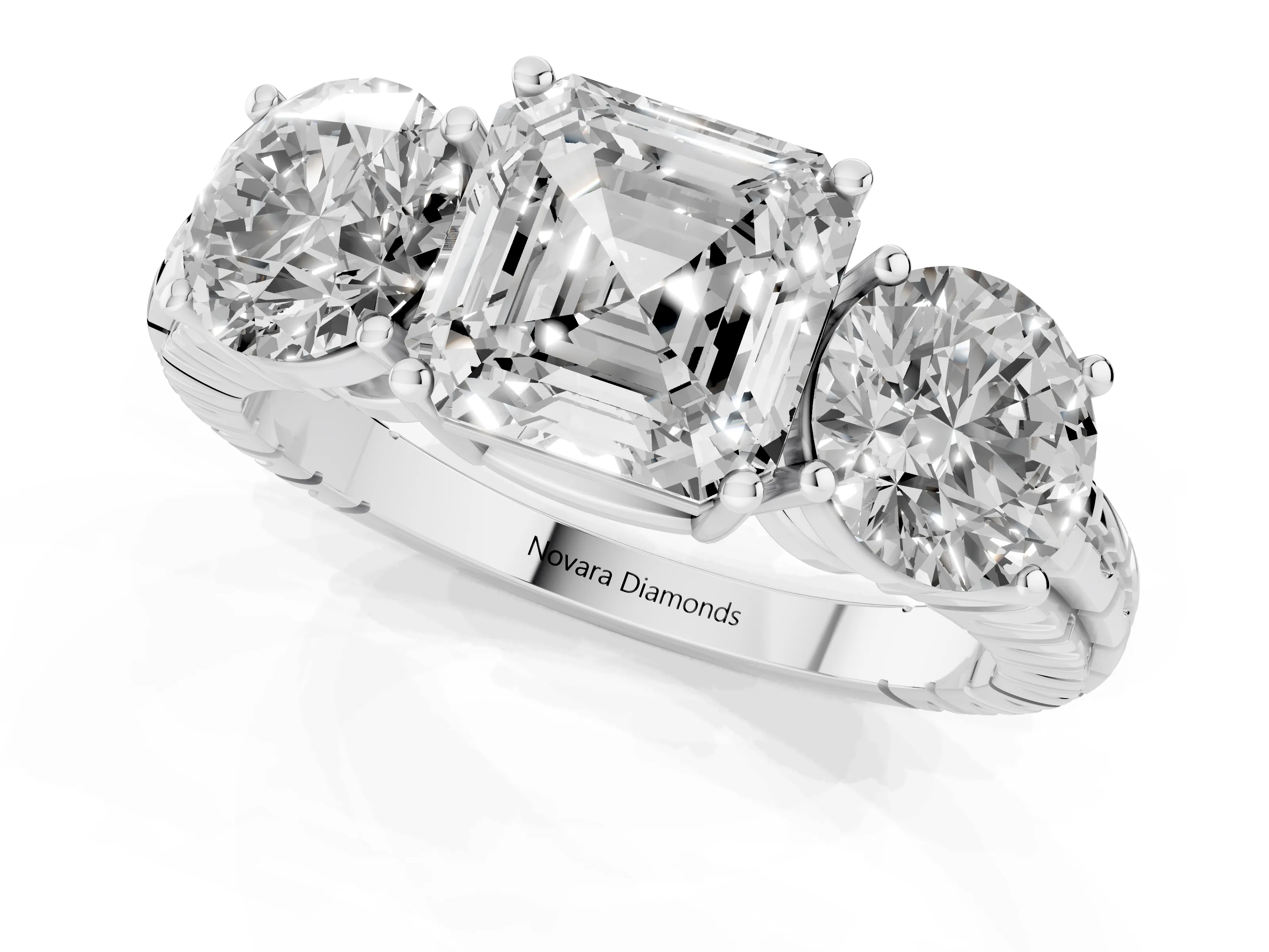 Asscher Cut Diamond Three-Stone Ring Set in Silver with Channel-Set Accent Band