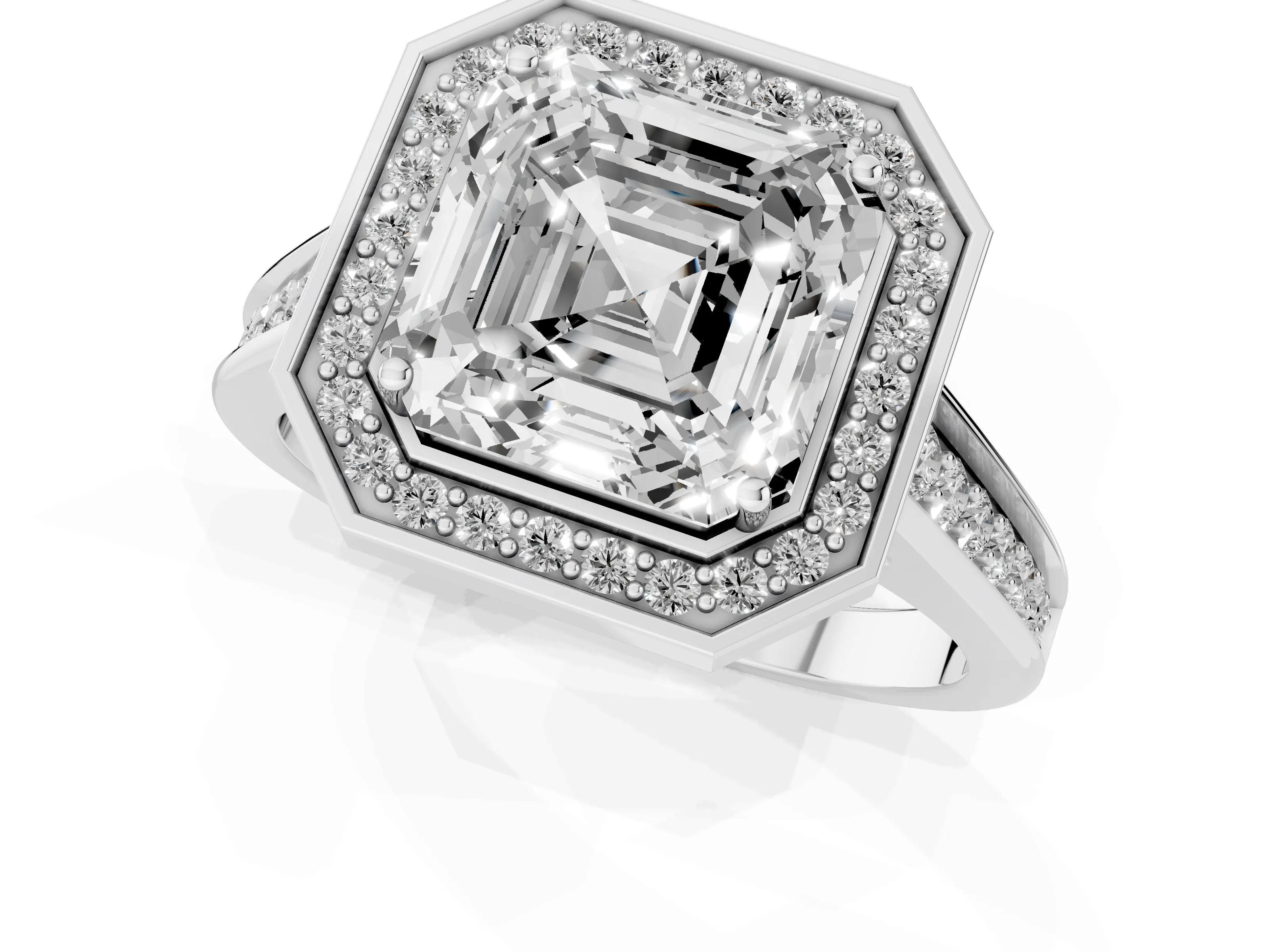 Asscher Cut Diamond Halo Solitaire Ring Set in Platinum with Pavé Band and Bezel Setting