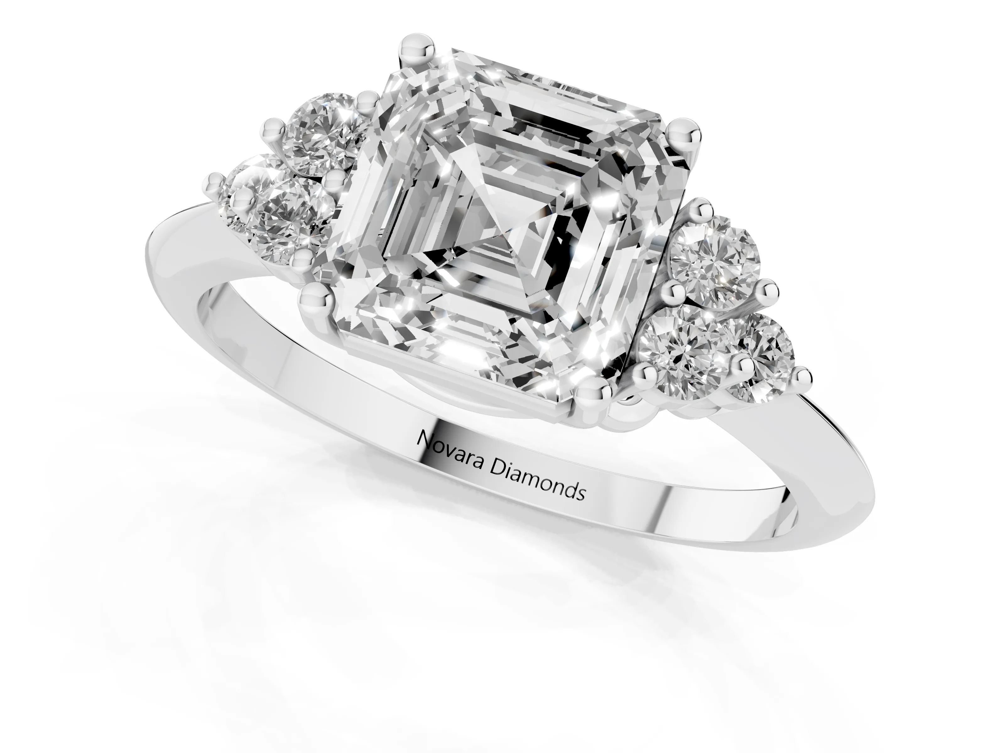 Asscher Cut Diamond Cluster Ring Set in Silver with Plain Band and Prong Setting
