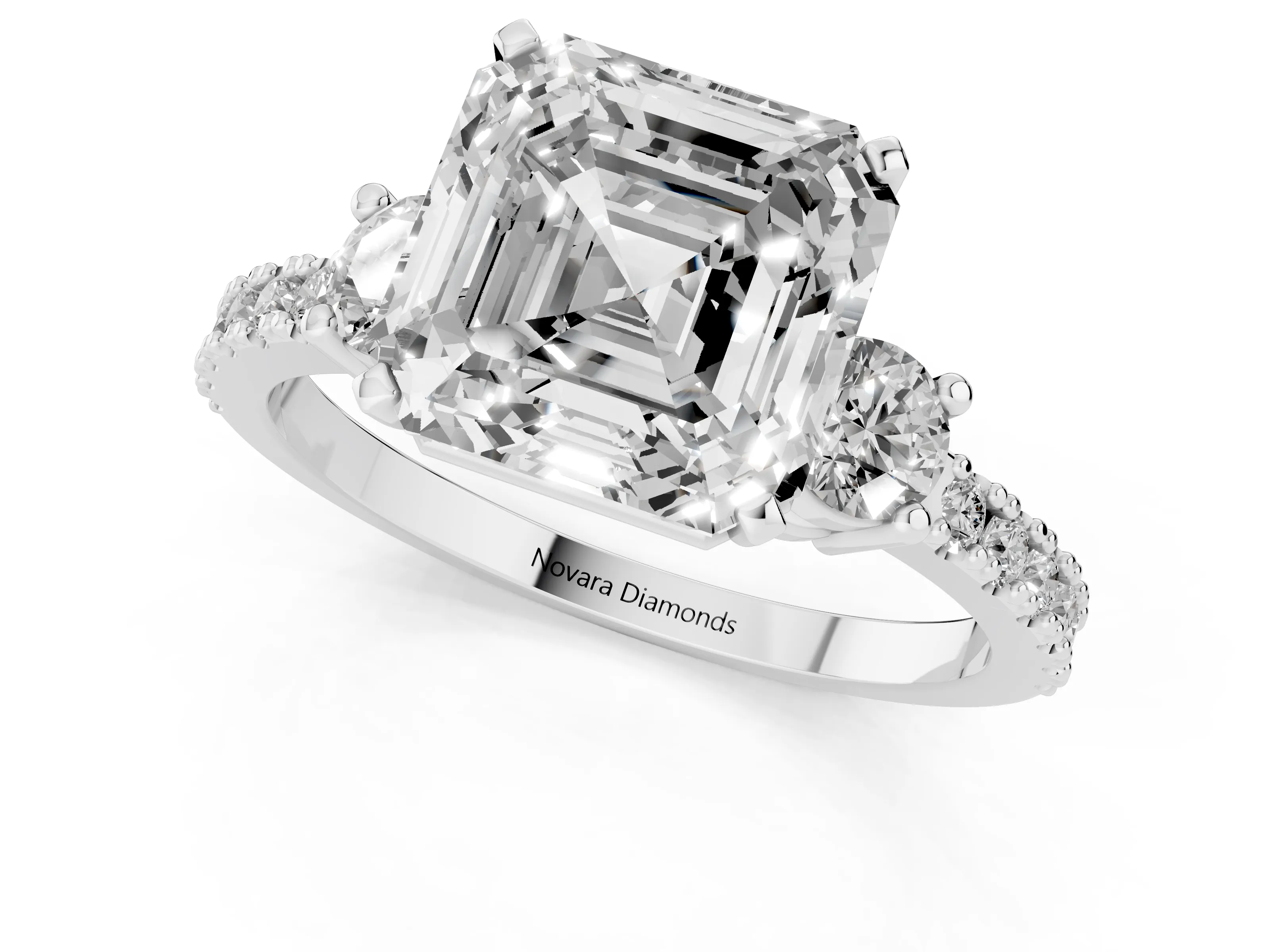 Three-Stone Asscher Cut Diamond Pavé Band Ring Set in Silver with Prong Setting
