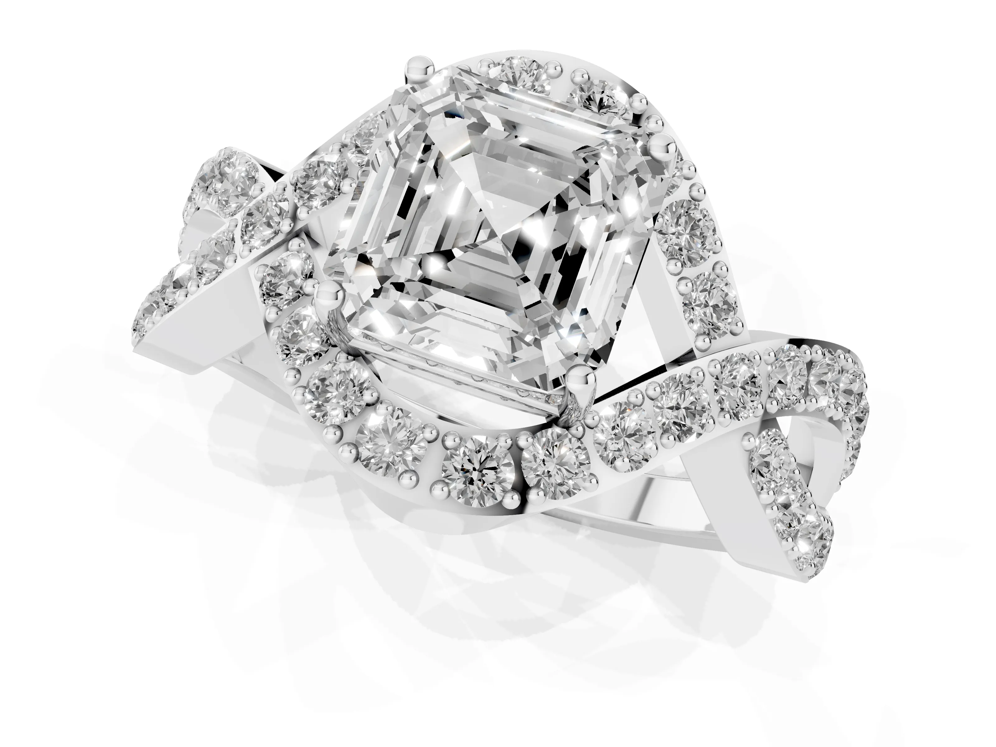 Asscher Cut Diamond Solitaire Twist Band Pavé Engagement Ring Set in Platinum