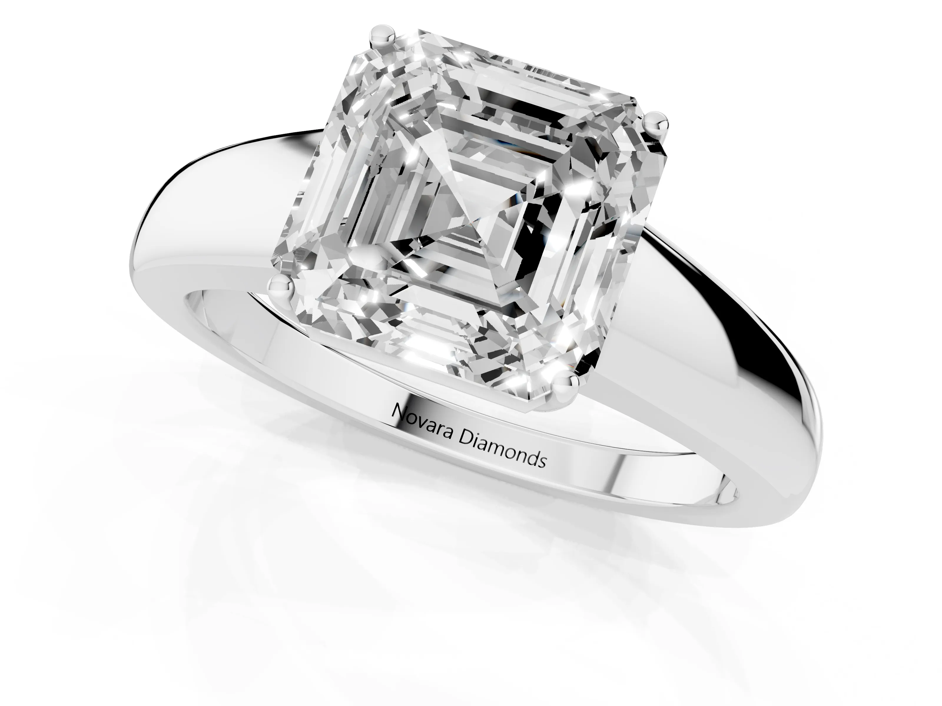 Asscher Cut Diamond Solitaire Ring Set in White gold with Tapered Band and Prong Setting