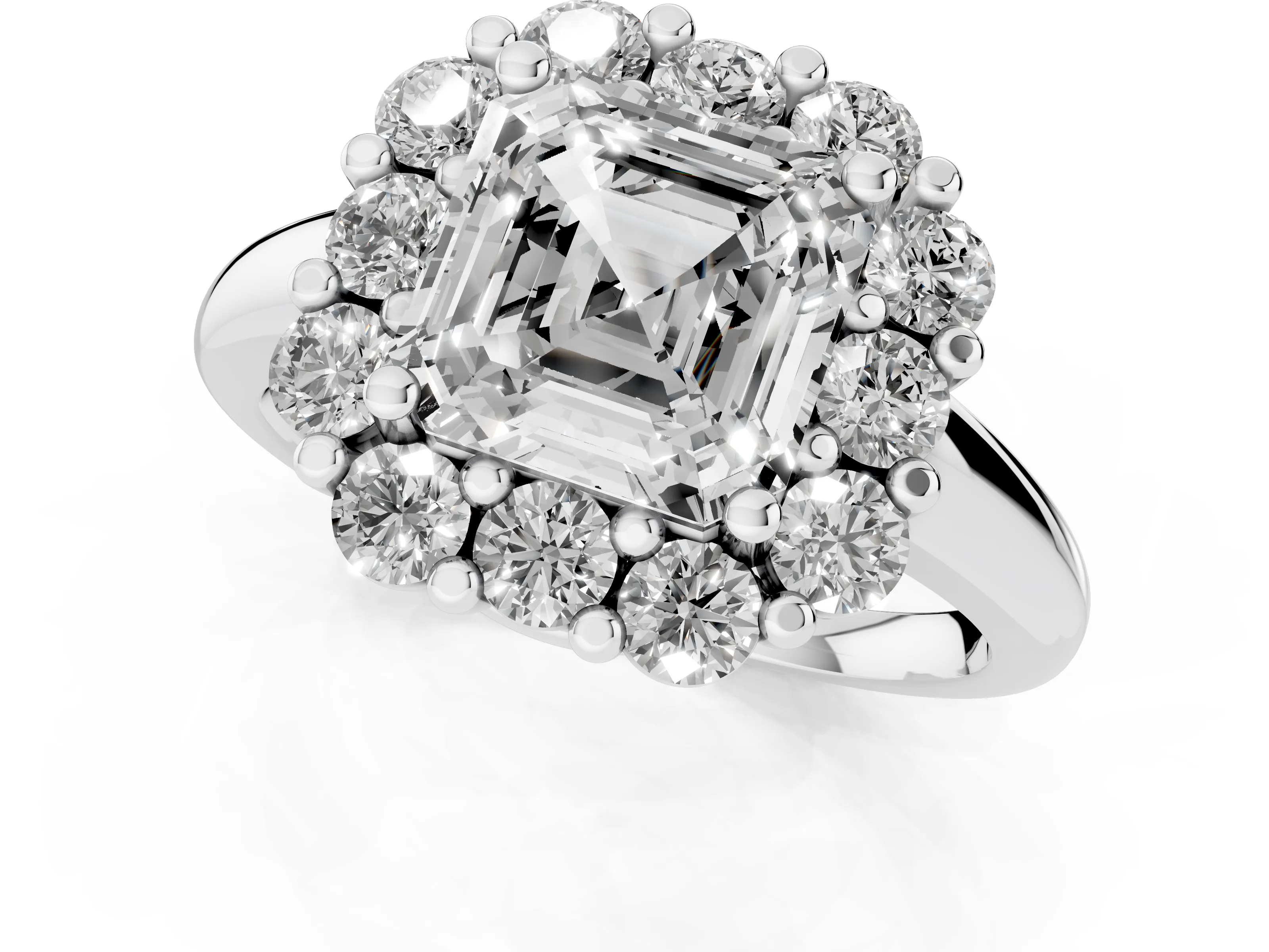 Asscher Cut Diamond Halo Cluster Engagement Ring Set in Silver with Polished Band and Prong Setting