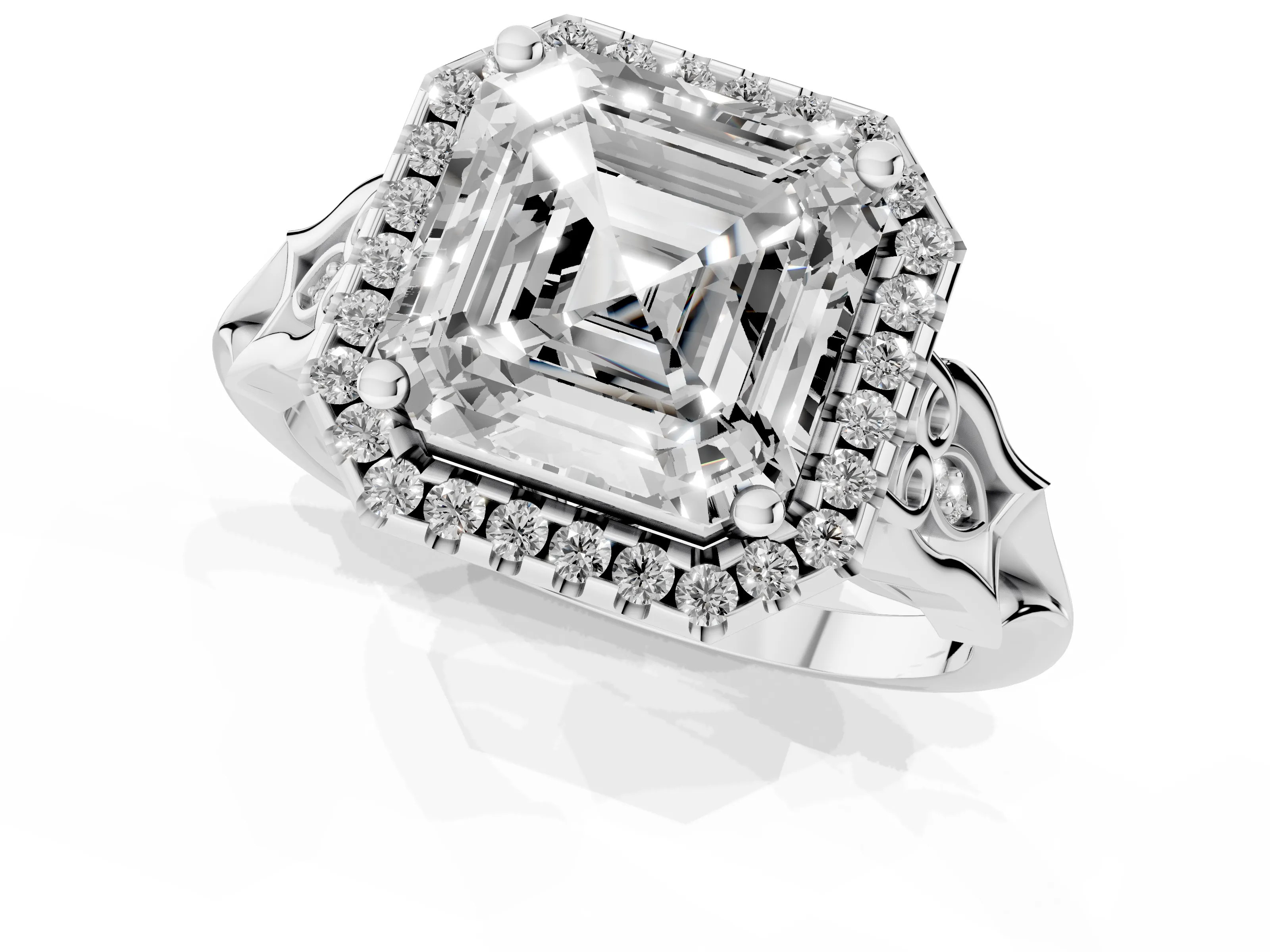Asscher Cut Diamond Halo Engagement Ring Set in White gold with Filigree Band and Prong-Set Center