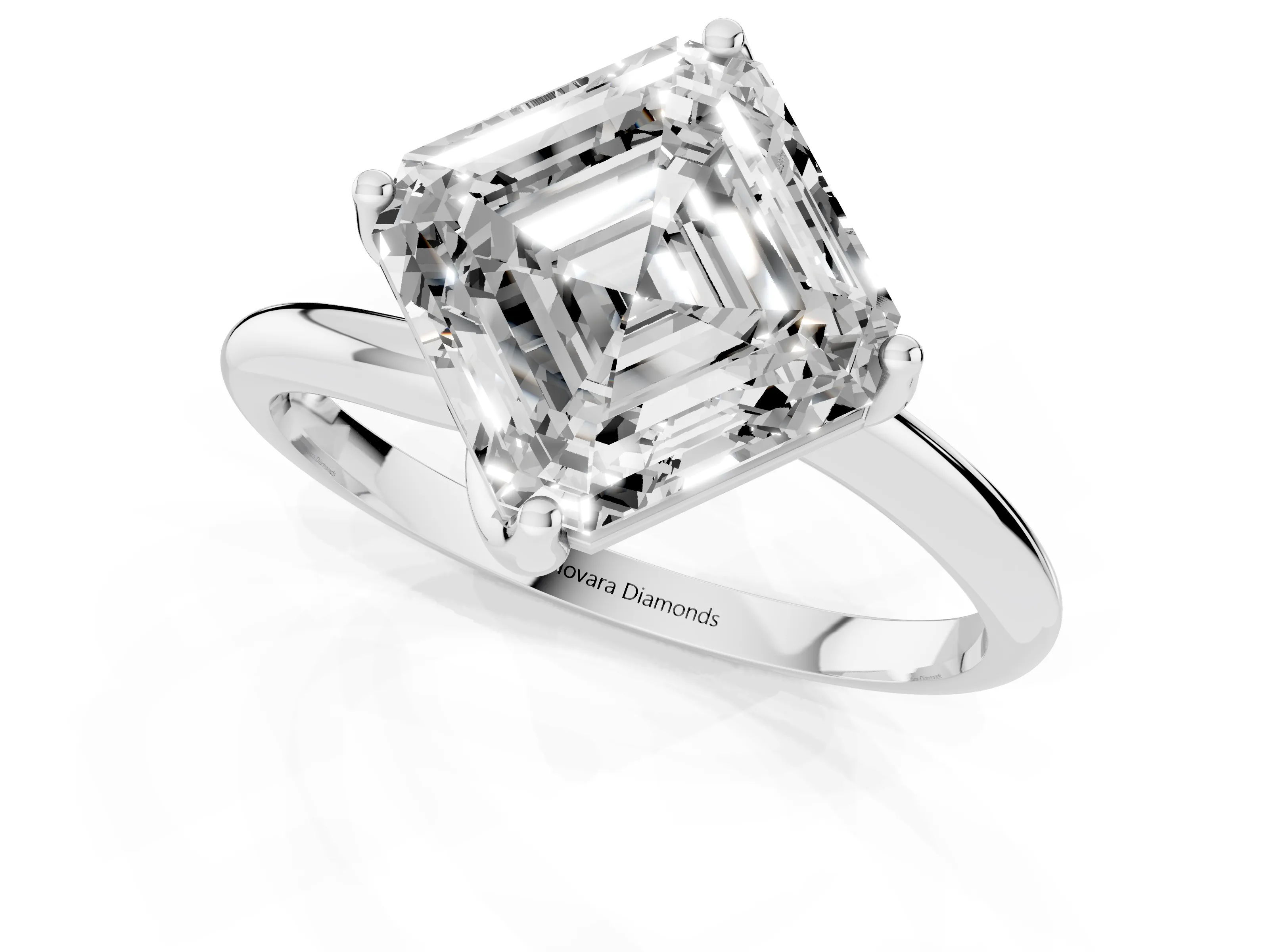 Asscher Cut Diamond Solitaire Engagement Ring Set in White gold with Classic Plain Band