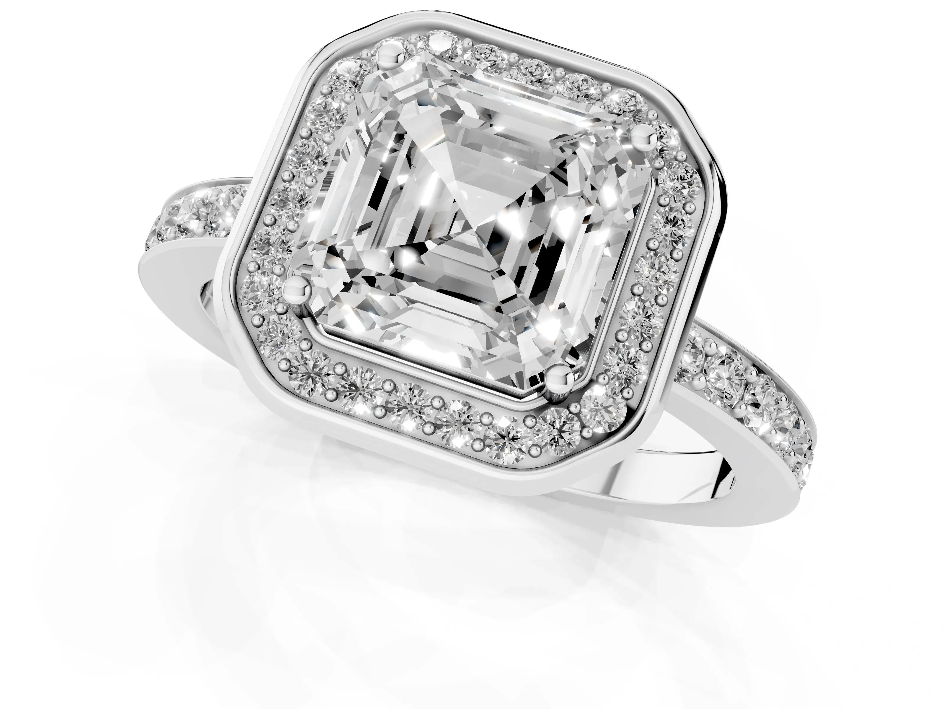Asscher Cut Diamond Halo Ring Set in White gold with Bezel Frame and Pavé Band