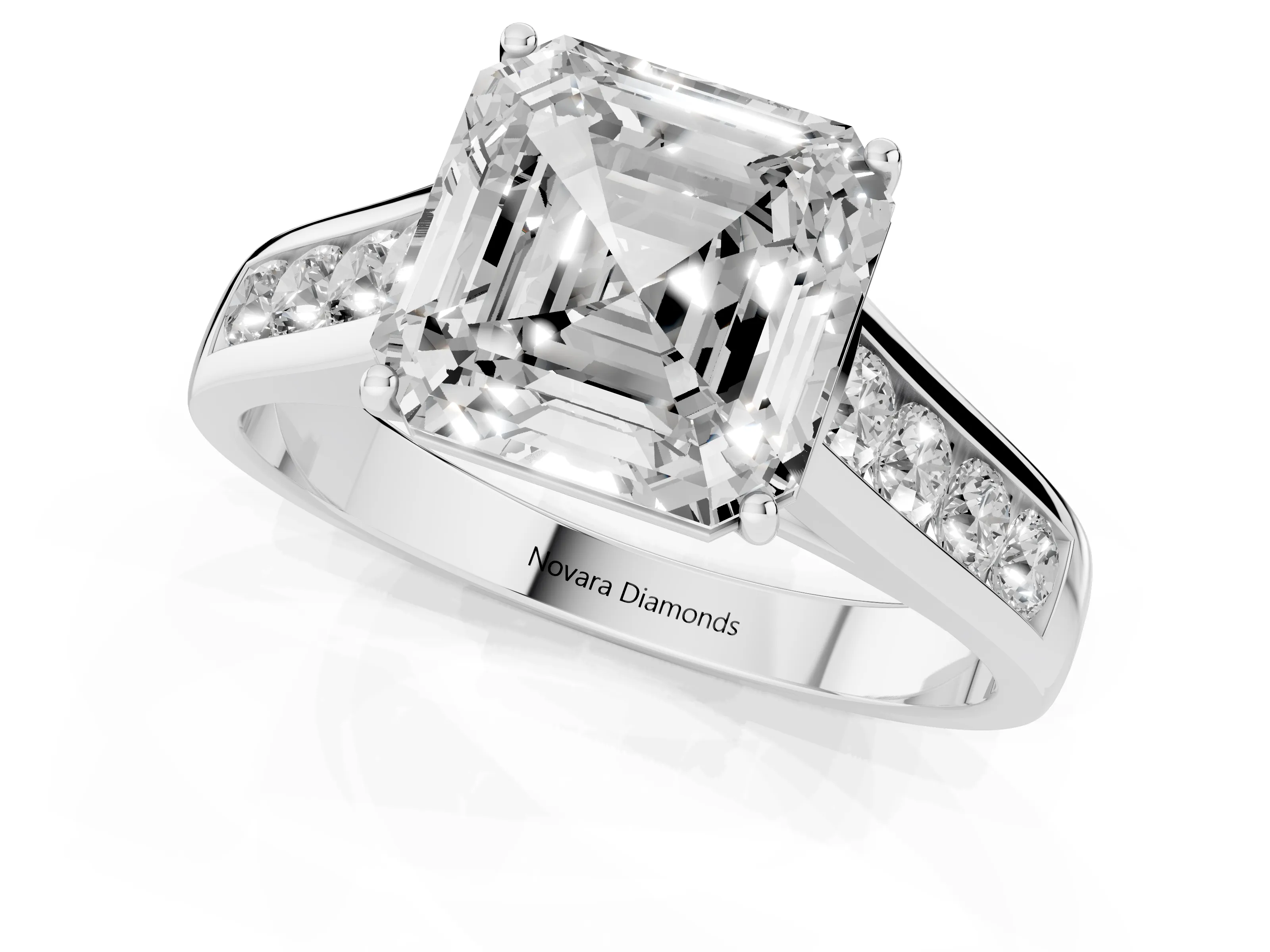 Asscher Cut Diamond Brilliant Channel-Set Solitaire Ring Set in White gold with Prong Setting