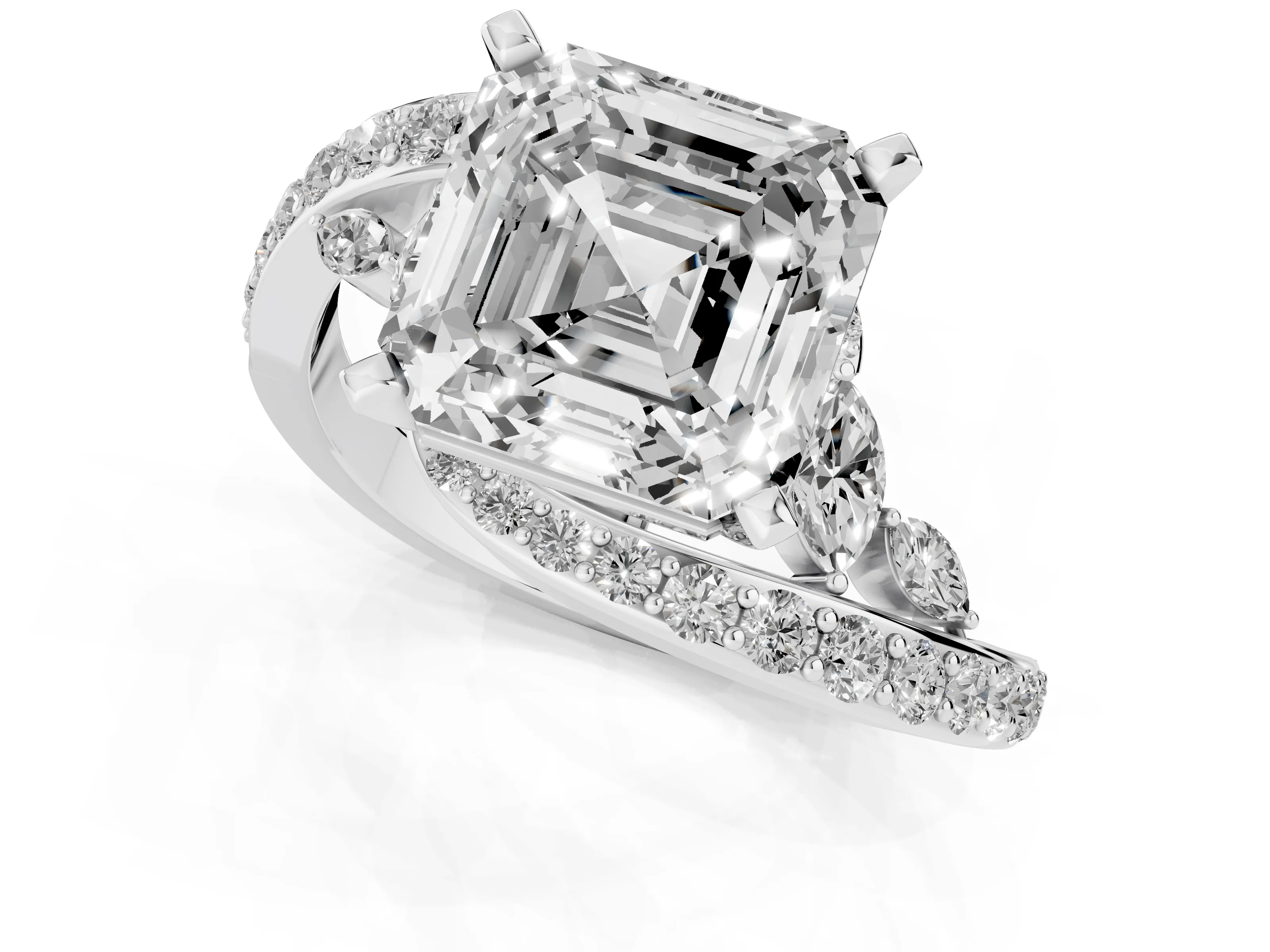 Asscher Cut Diamond Solitaire Ring Set in Silver with Pavé Twist Band and Secure Prong Setting – second view