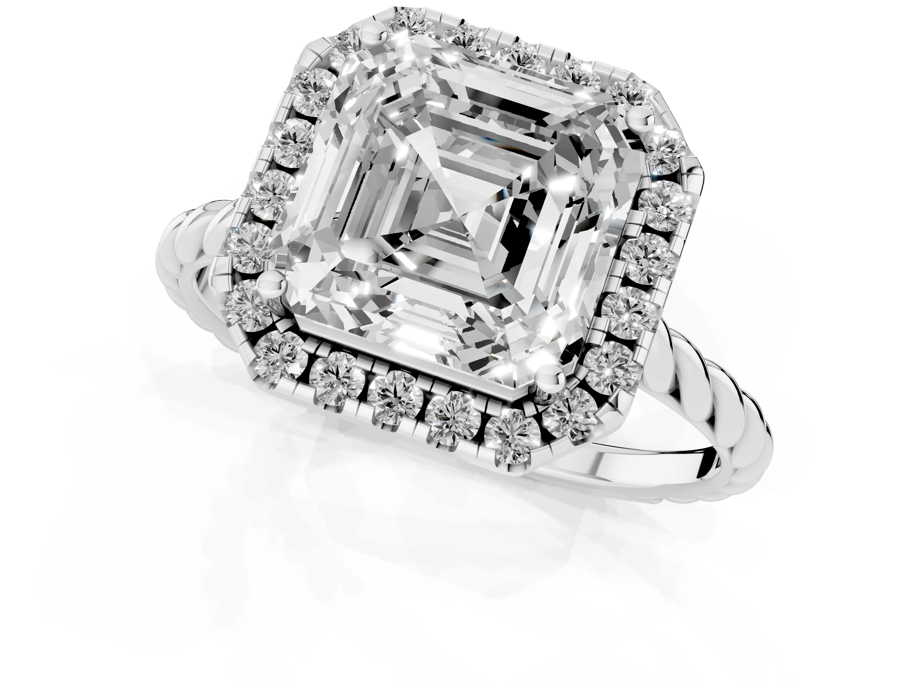 Asscher Cut Diamond Halo Ring Set in Silver with Plain Twisted Band