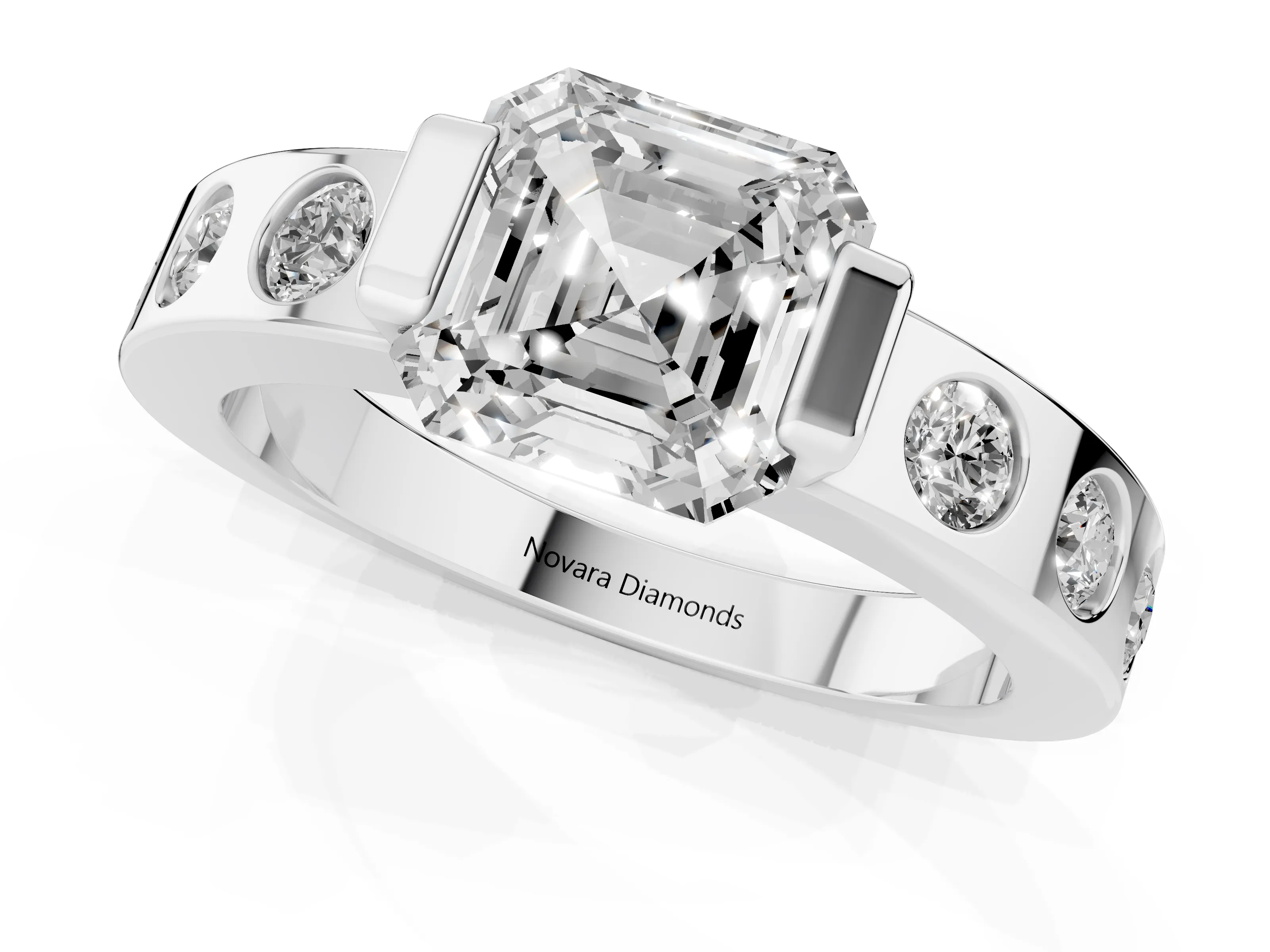 Asscher Cut Diamond Channel-Set Band Ring Set in Silver with Bezel Prong Setting