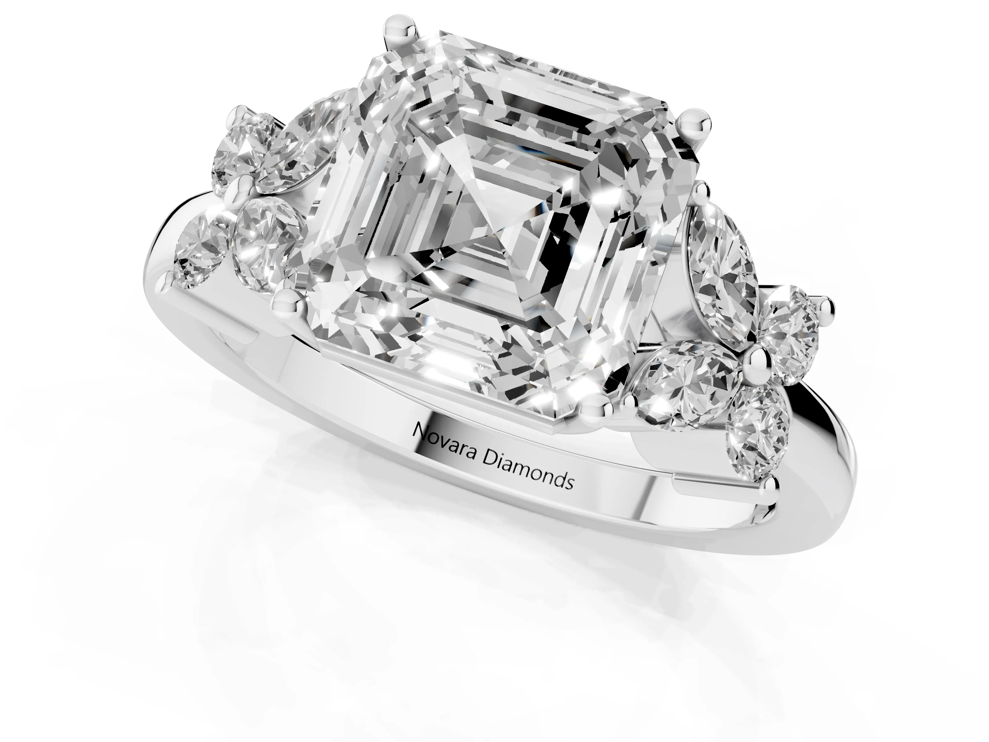 Asscher Cut Diamond Floral Cluster Ring Set in Silver with Marquise Petals and Prong Setting