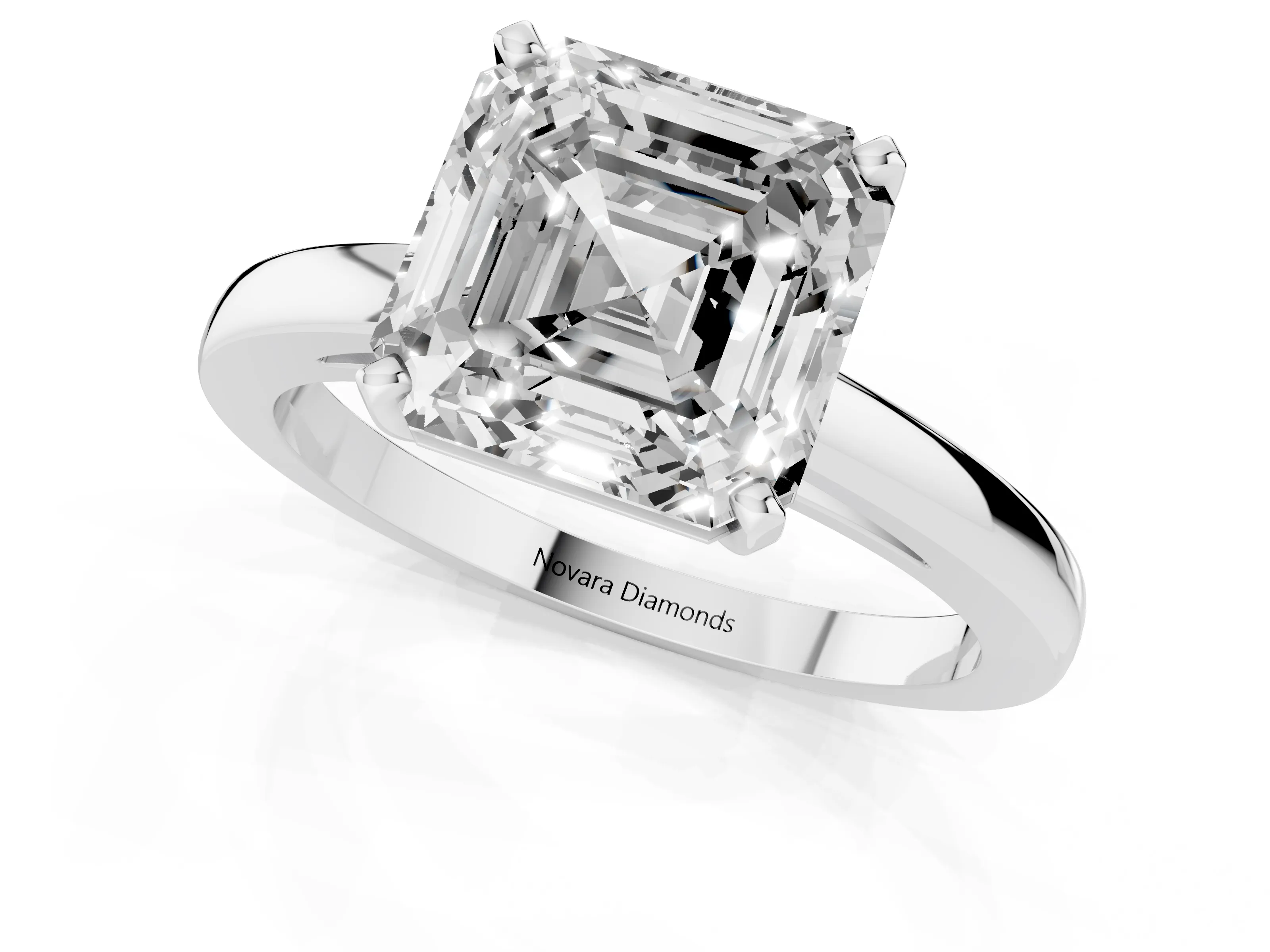 Asscher Cut Diamond Solitaire Engagement Ring Set in Platinum with Prong Setting on a Classic Band
