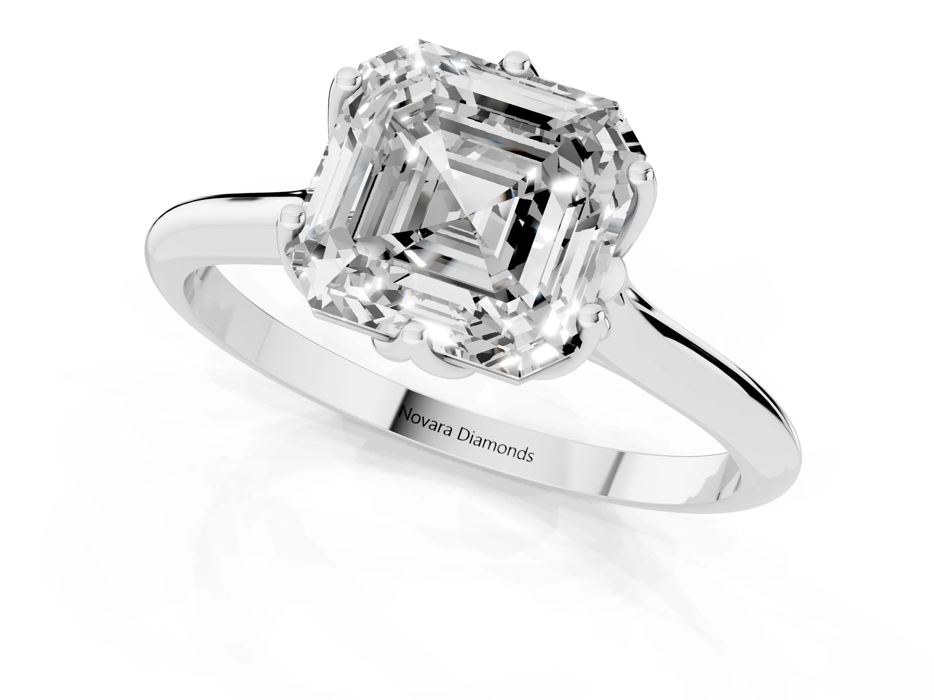 Asscher Cut Diamond Solitaire Cathedral Ring Set in Platinum with Prong Setting