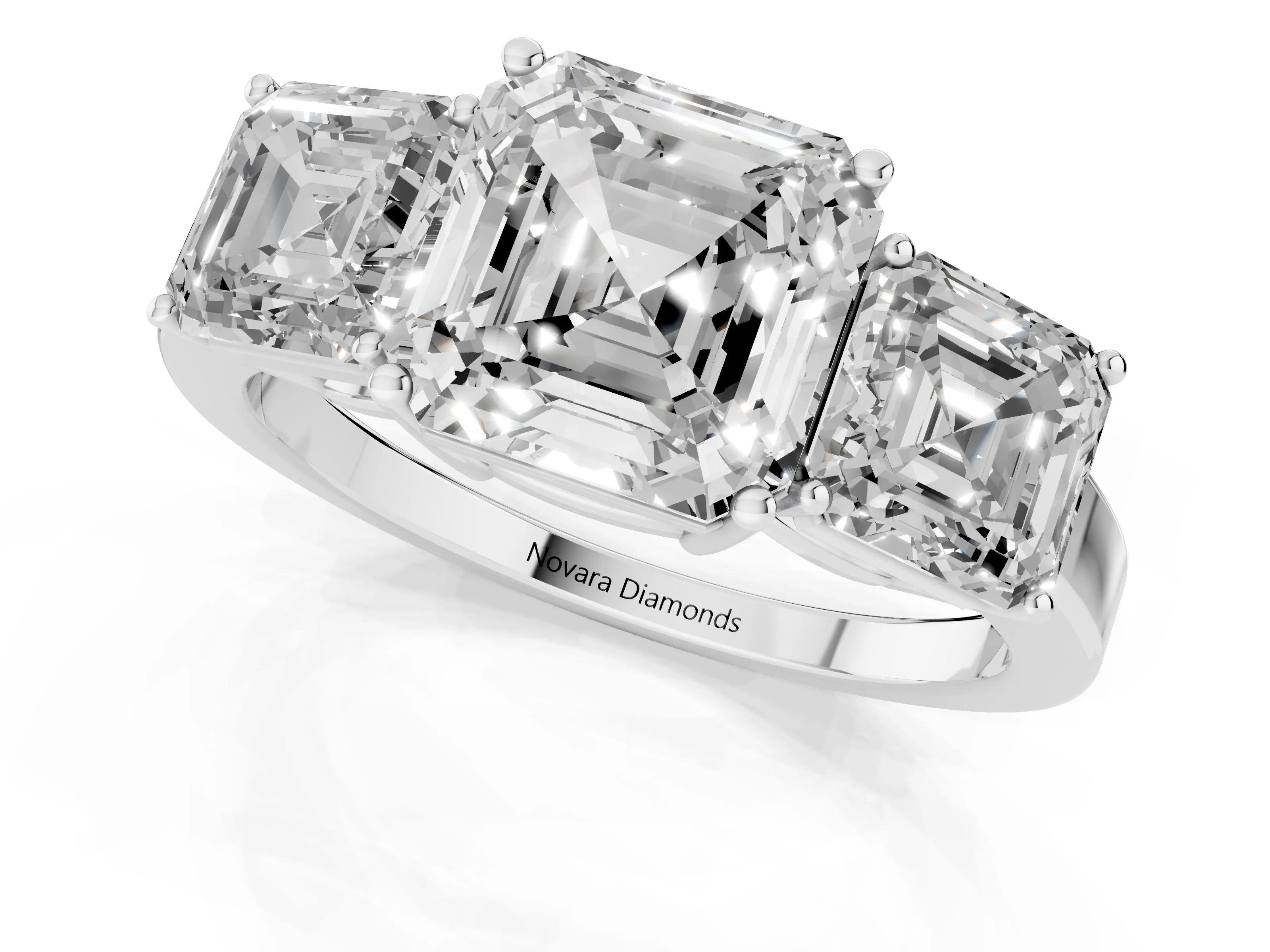 Asscher Cut Diamond Three-Stone Engagement Ring Set in White gold with Flat Band