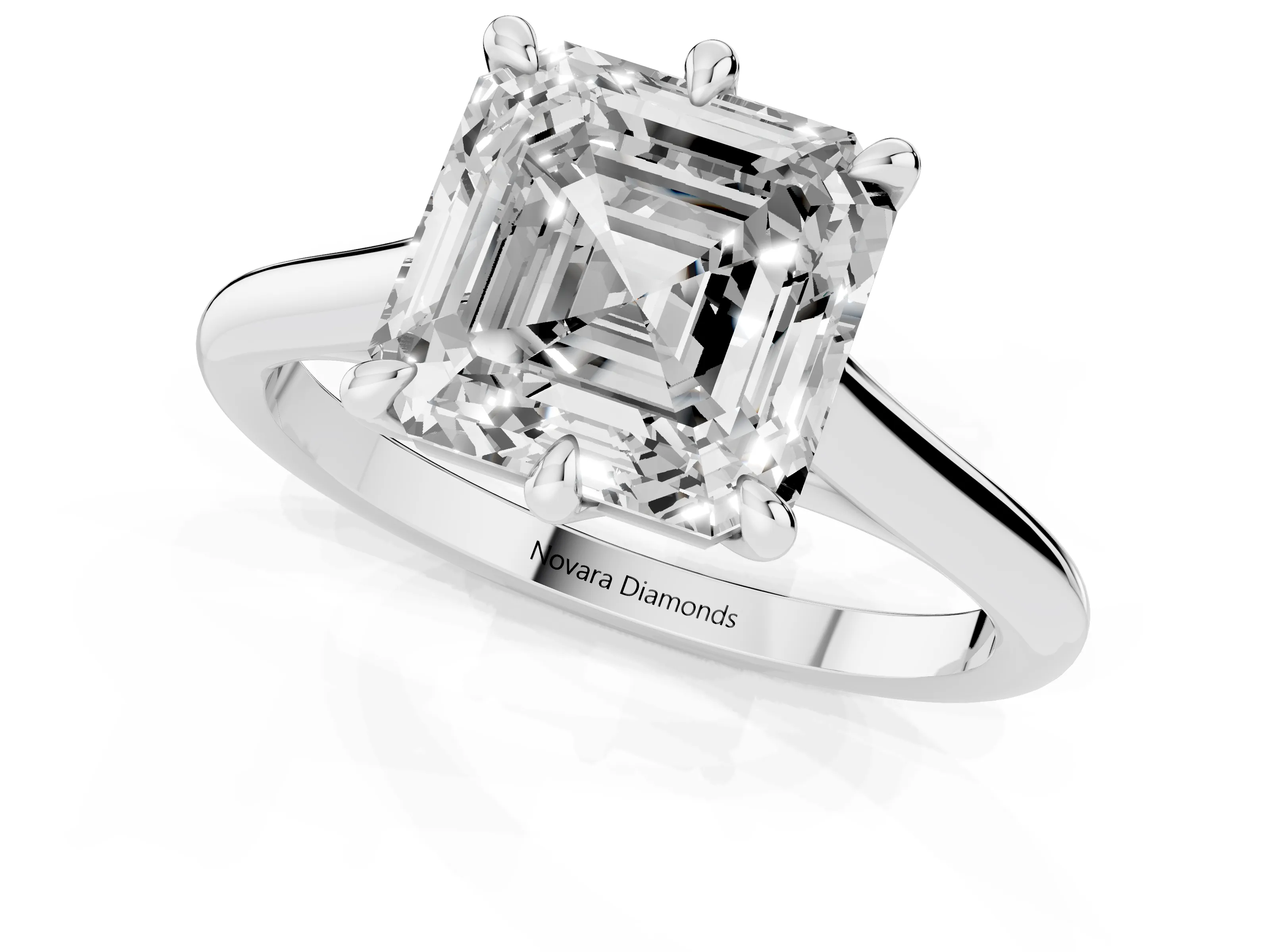 Asscher Cut Diamond Solitaire Engagement Ring Set in Platinum with Prong Setting and Plain Classic Band