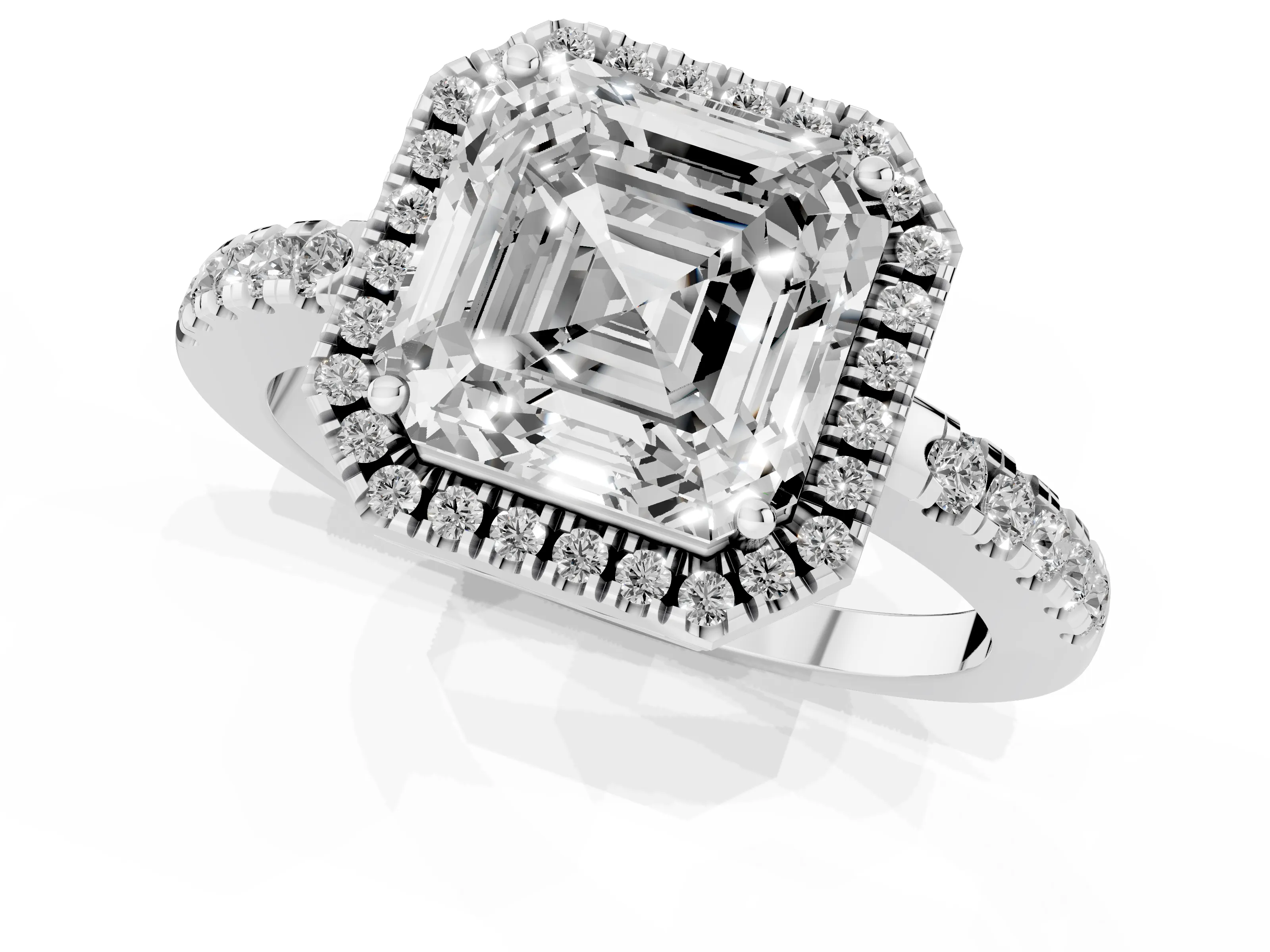 Asscher Cut Diamond Pavé Band Halo Engagement Ring Set in Silver with Prong Setting