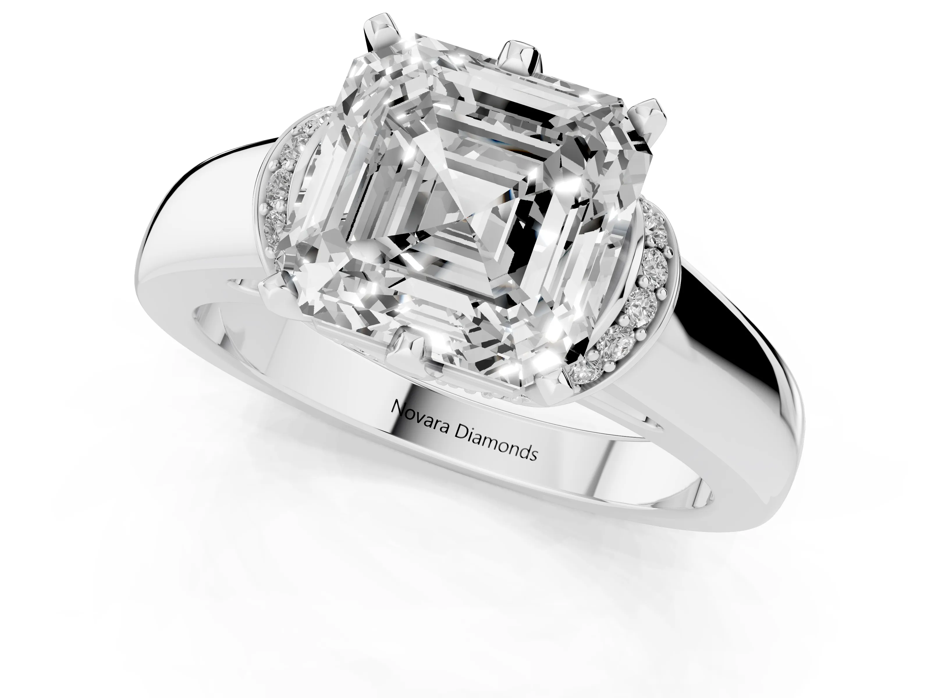 Asscher Cut Diamond Pavé Band Solitaire Ring Set in Silver with Prong Setting