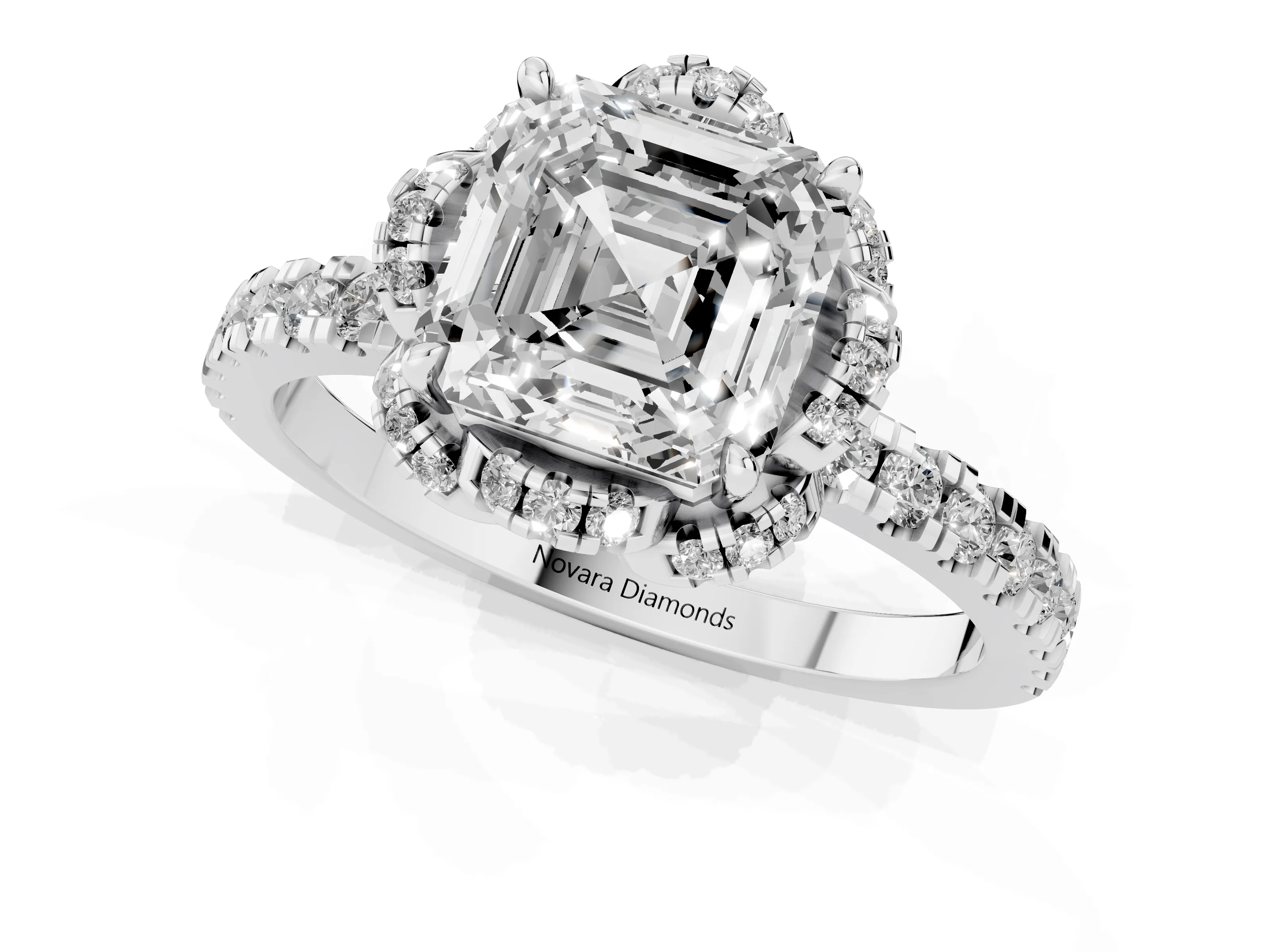 Asscher Cut Diamond Halo Pavé Band Ring Set in Platinum with Prong-Held Center