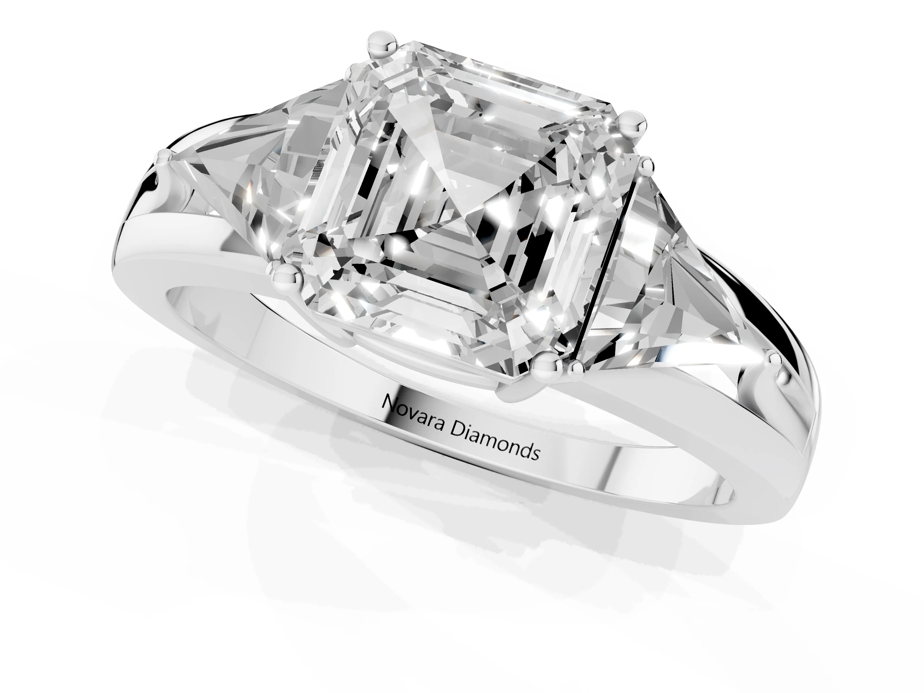 Asscher Cut Diamond Three-Stone Ring Set in Platinum with Trillion Side Stones and Split Shank