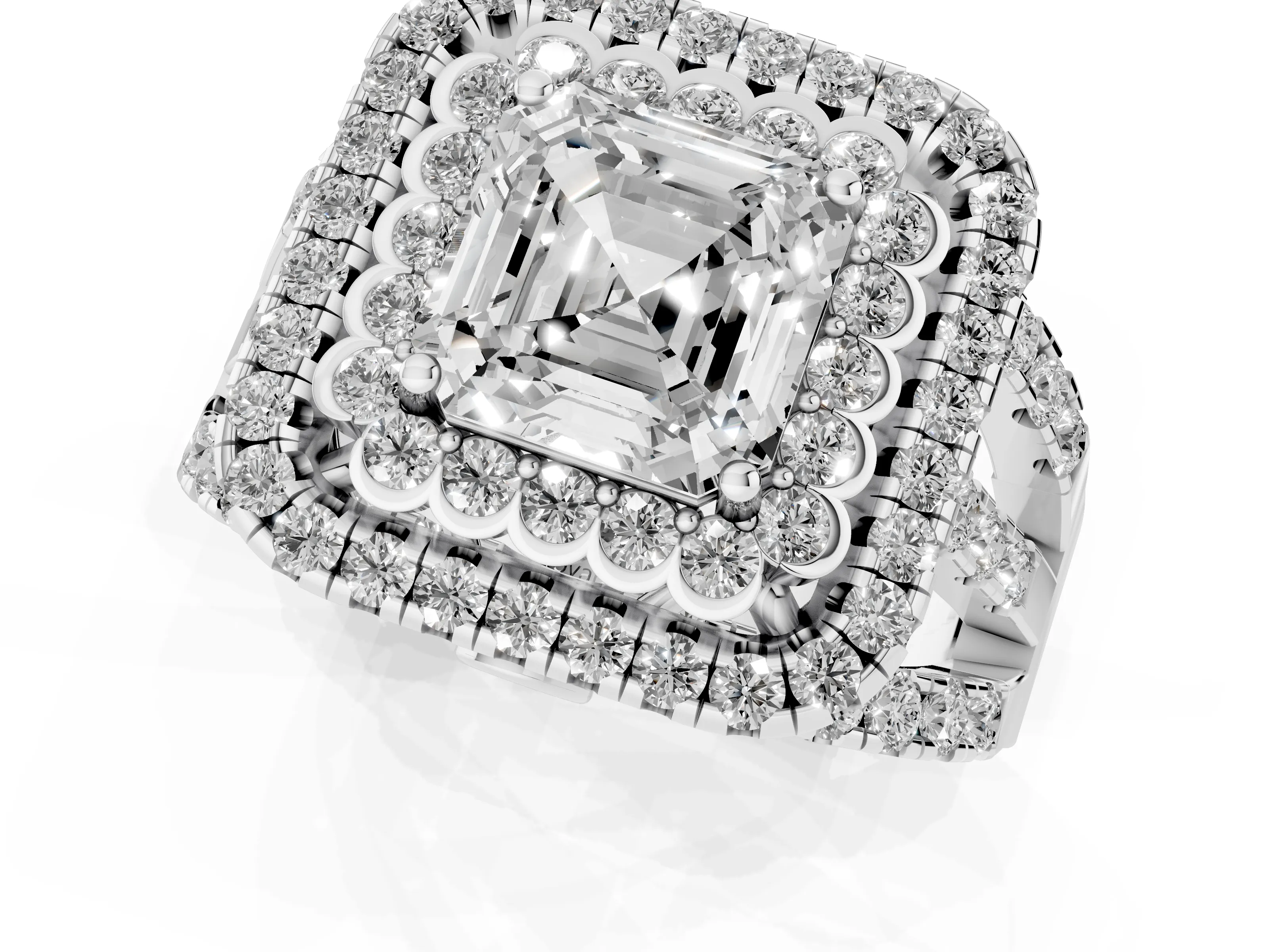 Asscher Cut Diamond Double Halo Ring Set in White gold with Round Pavé Split Shank