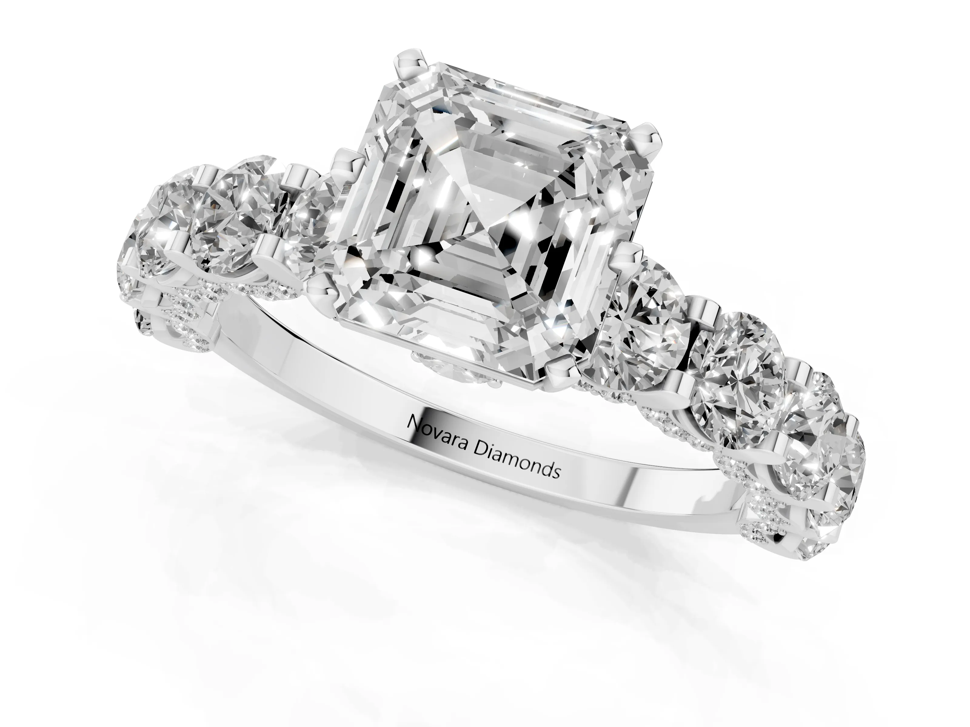 Asscher Cut Diamond Side Stone Ring Set in Platinum with Alternating Round and Oval Side Stones