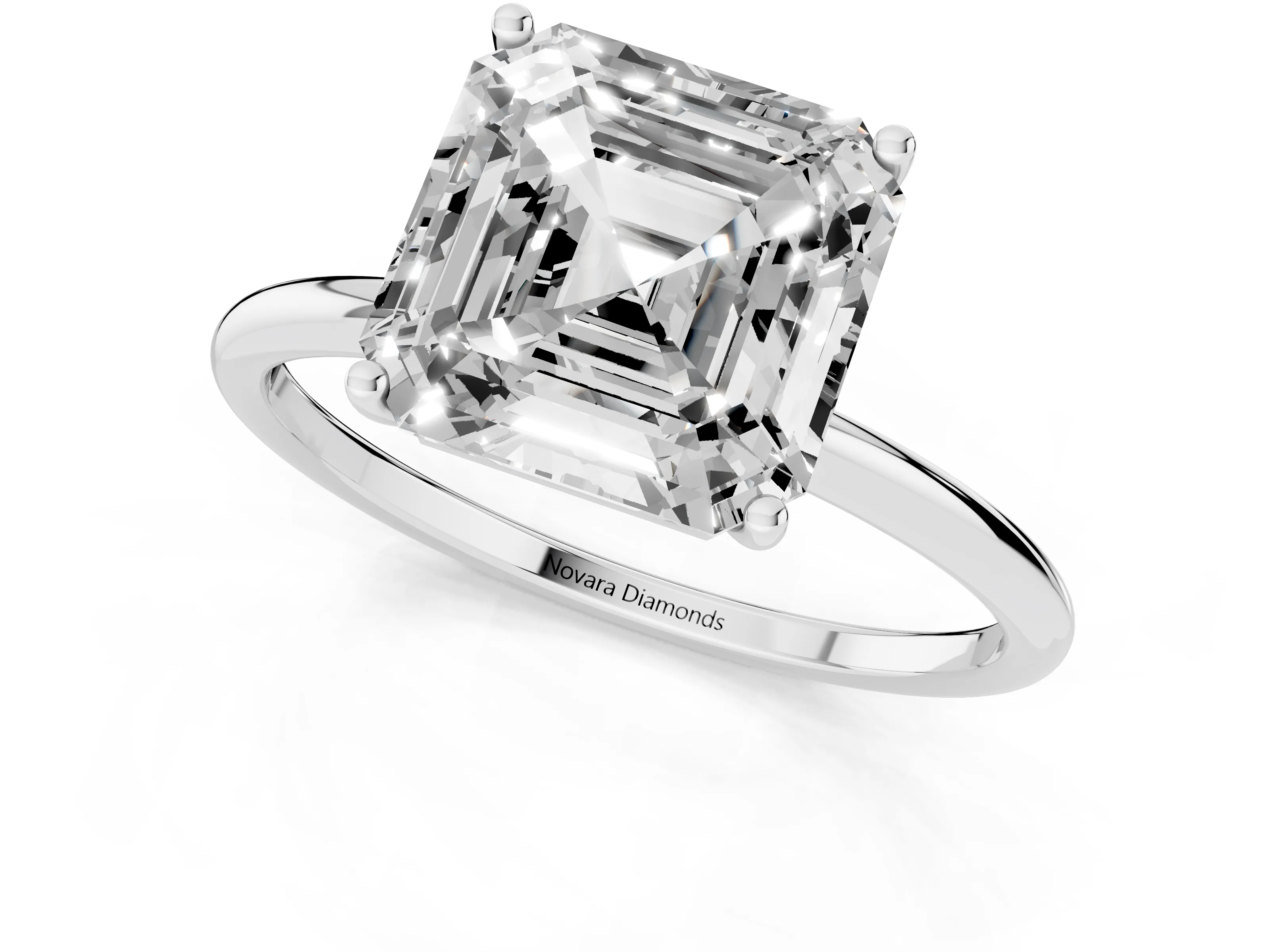 Asscher Cut Diamond Solitaire Engagement Ring Set in Silver with Thin Band and Prong Setting