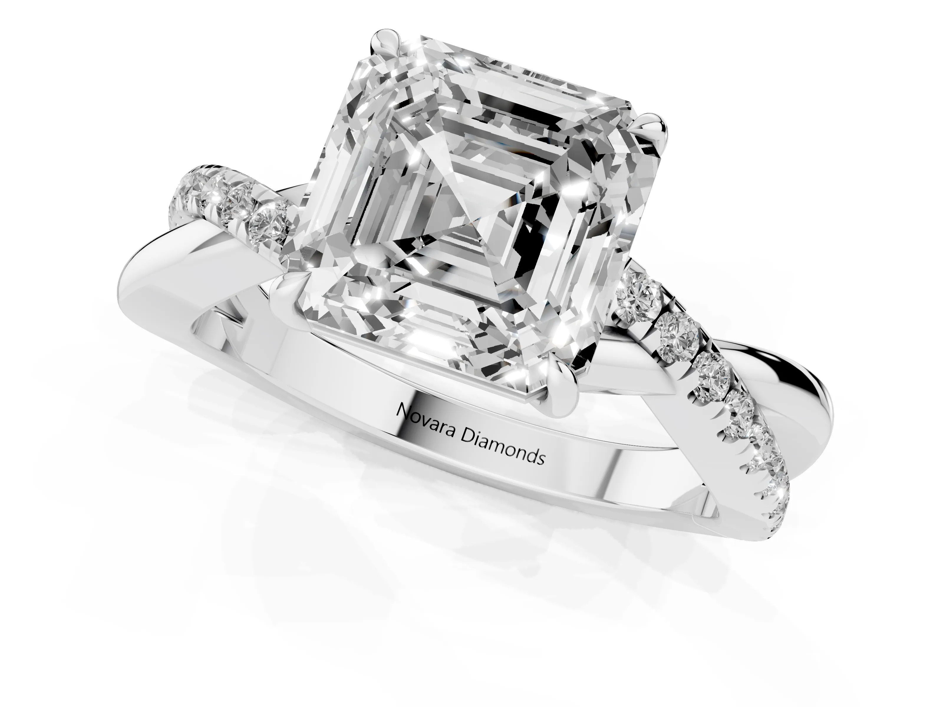Asscher Cut Diamond Twisted Pavé Band Ring Set in White gold with Prong Setting