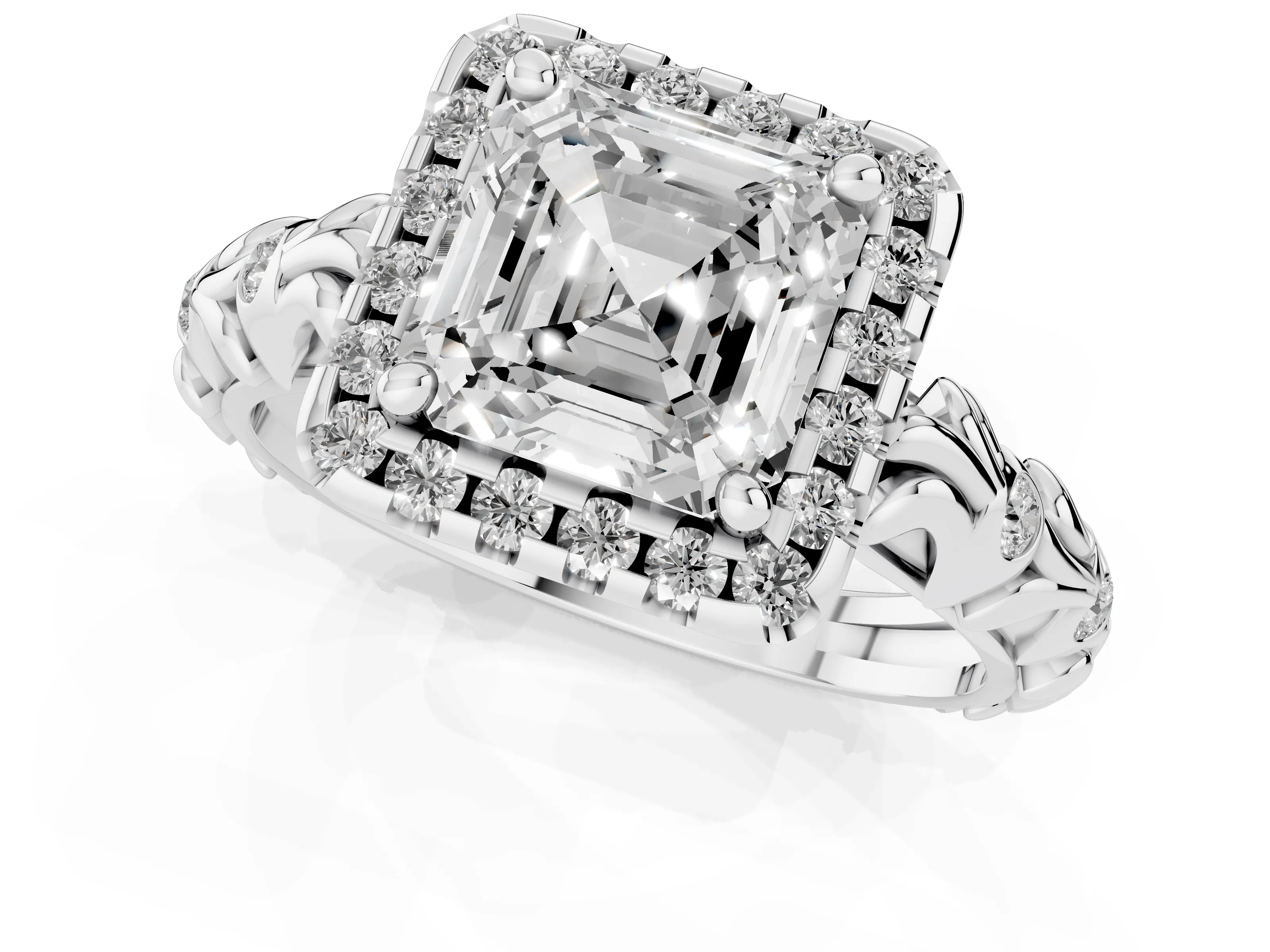 Asscher Cut Diamond Halo Ring Set in Silver with Filigree Leaf Band and Prong Setting