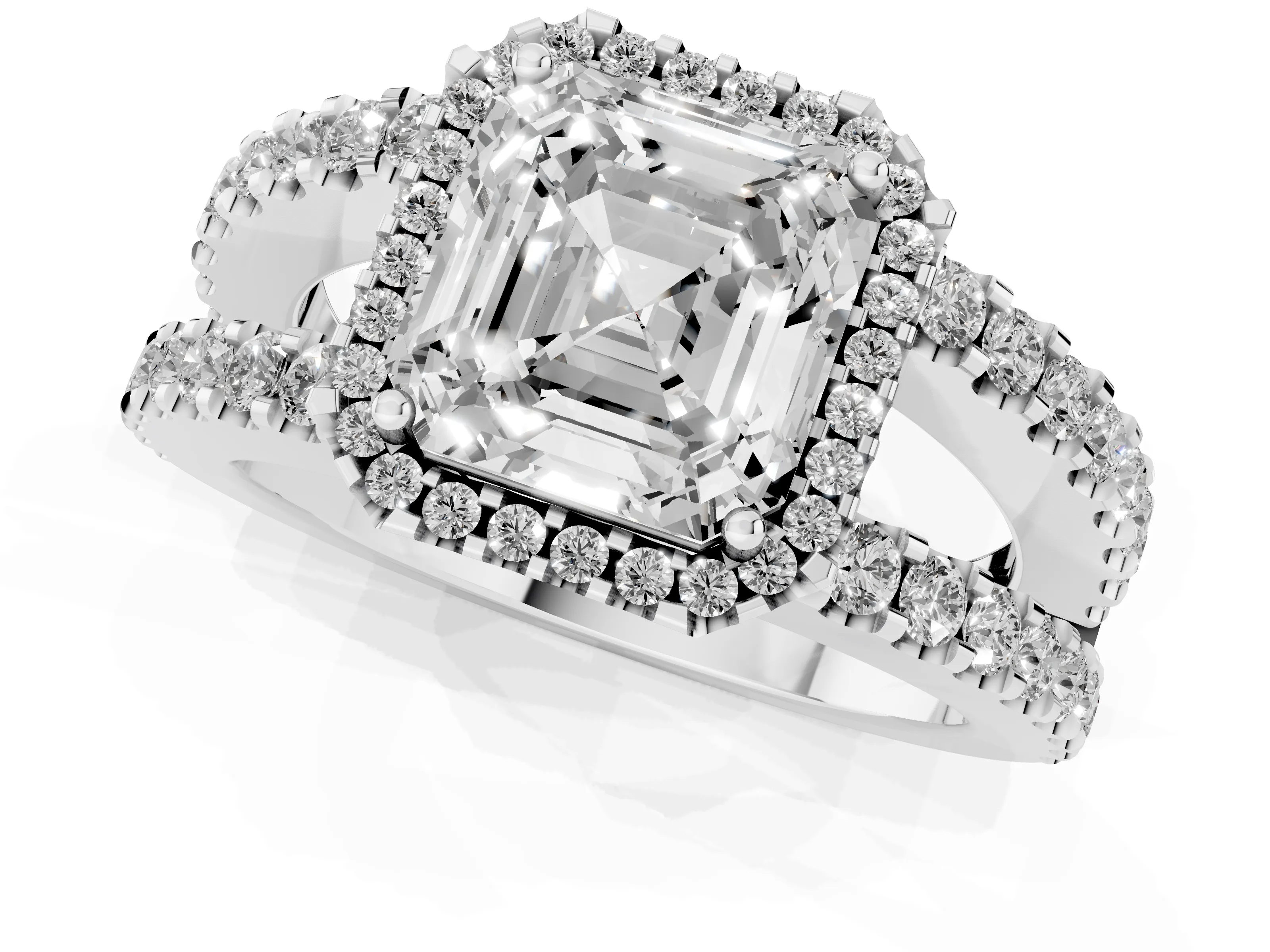 Asscher Cut Diamond Halo Ring Set in Silver with Pavé Split Shank and Prong Setting – second view