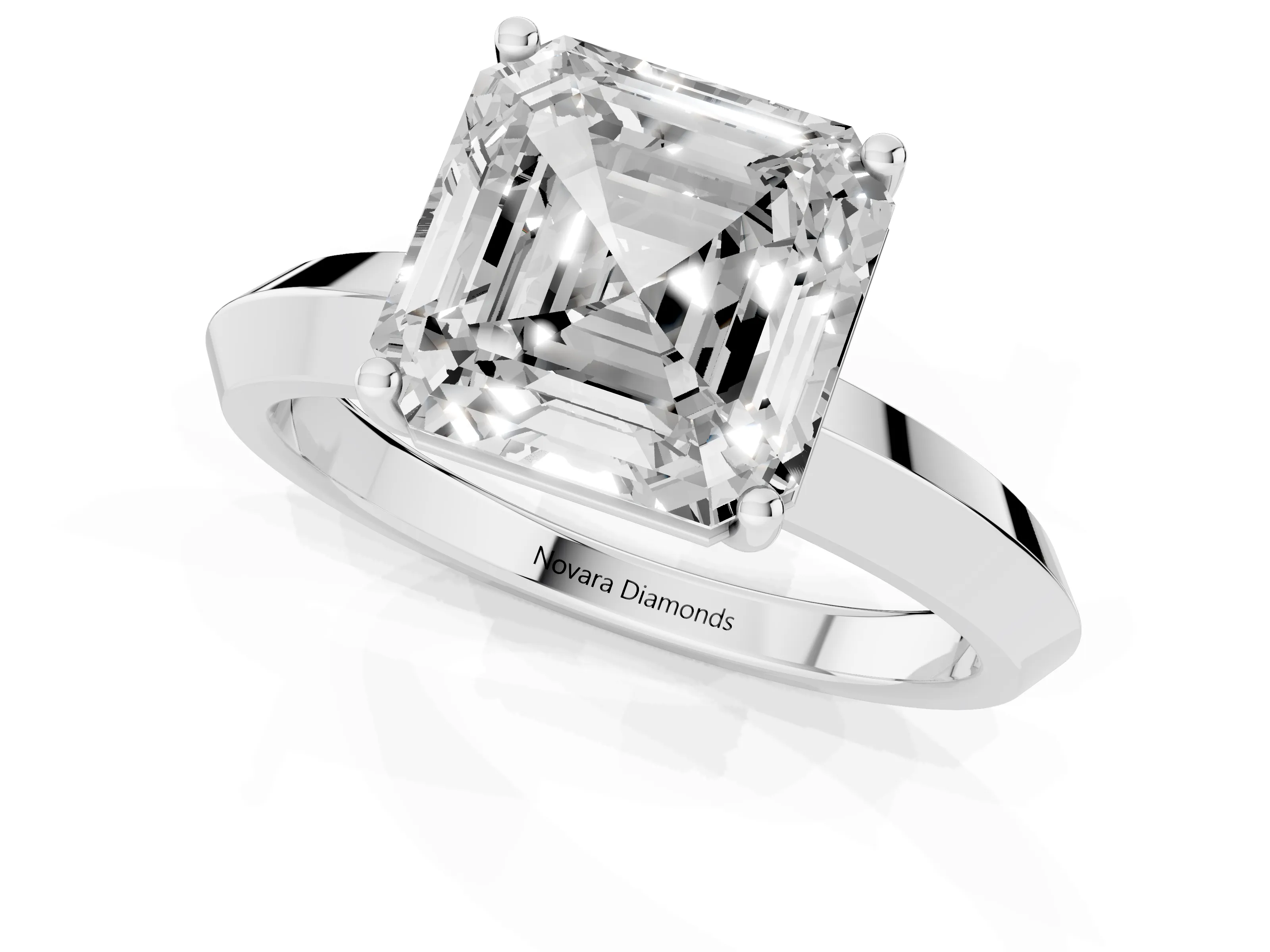 Asscher Cut Diamond Solitaire Engagement Ring Set in Platinum with Flat Band and Prong Setting