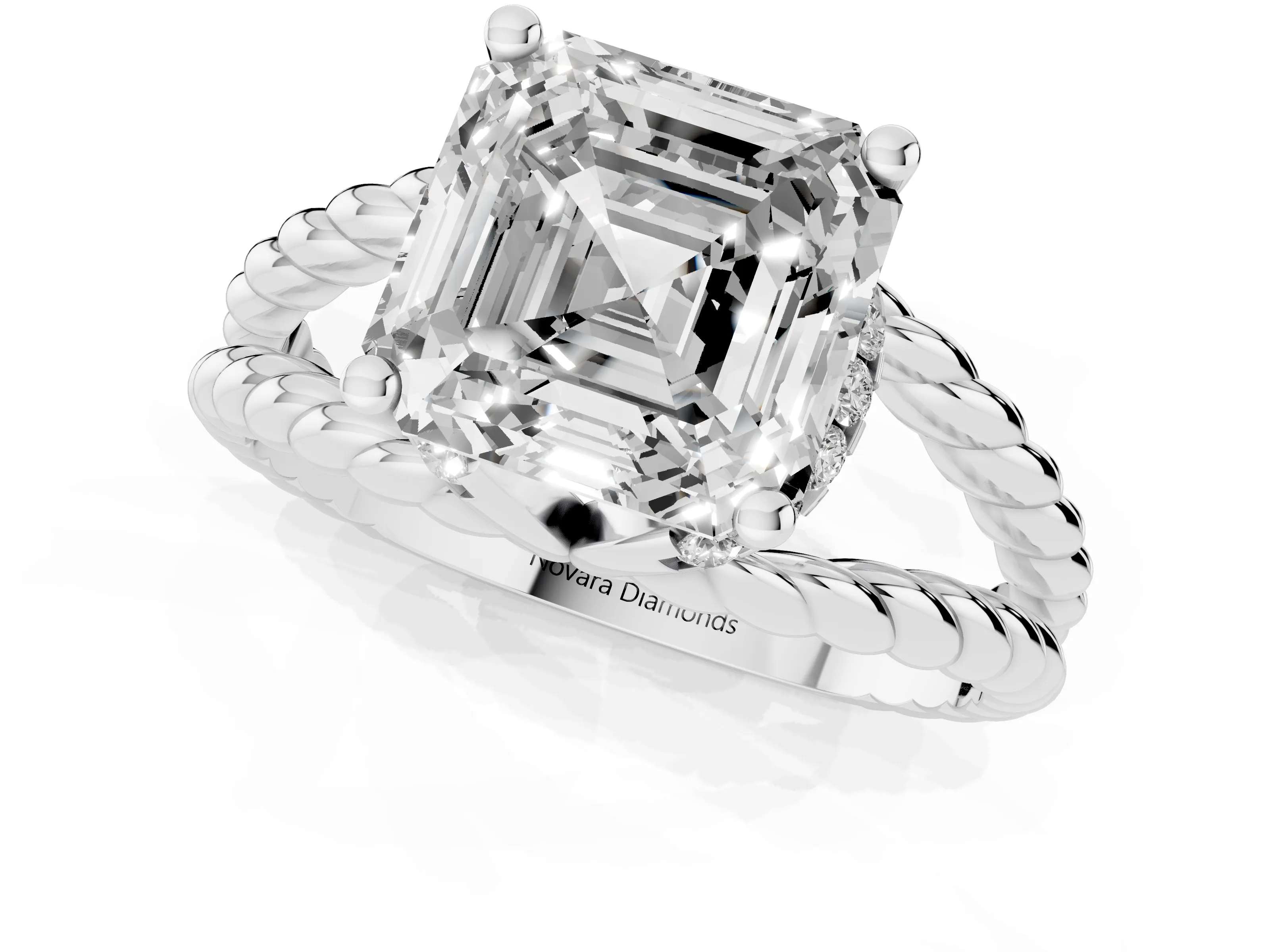 Asscher Cut Diamond Halo Ring Set in White gold with Twisted Band and Prong Setting