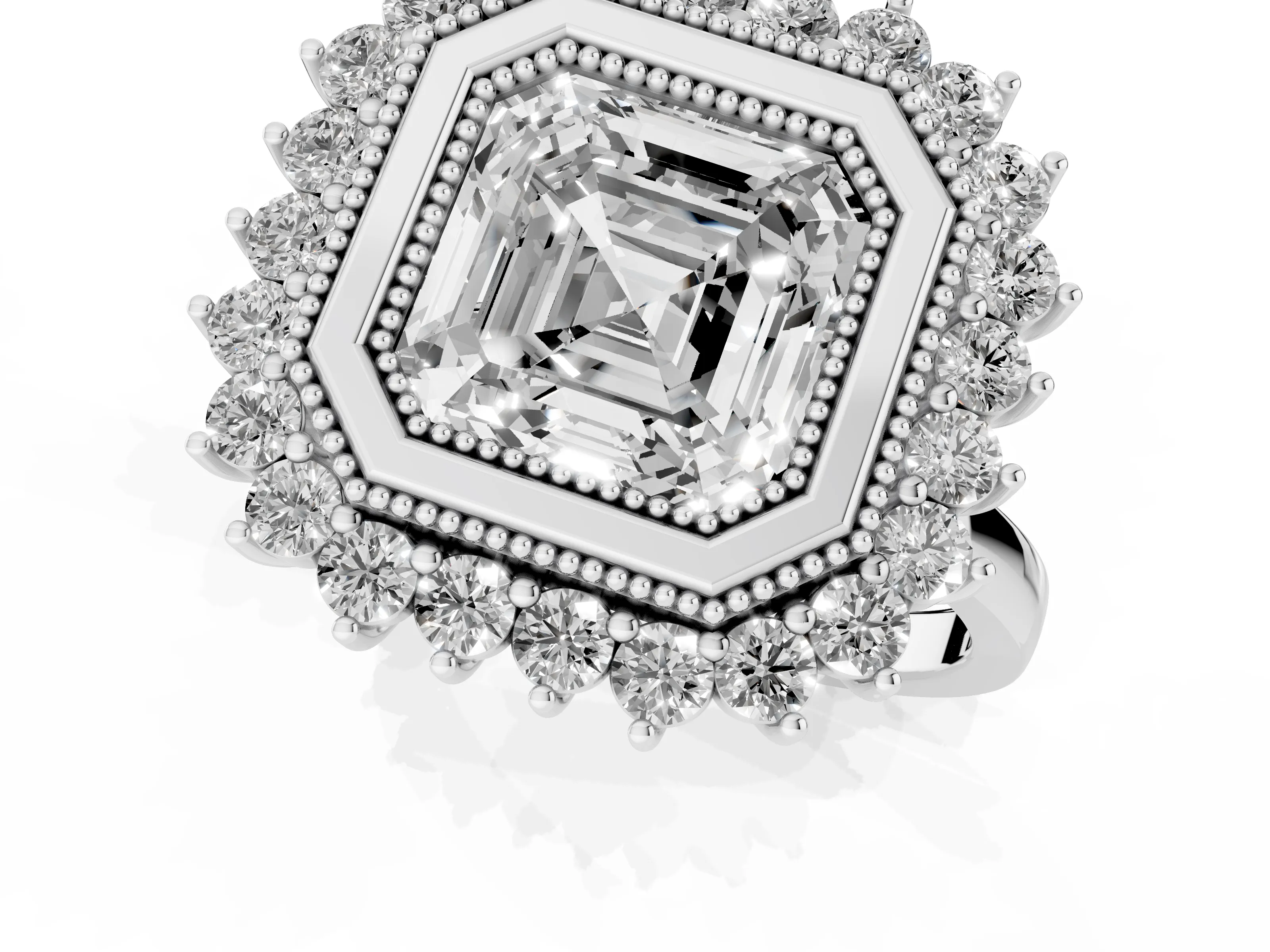 Asscher Cut Diamond Halo Ring Set in Platinum with Milgrain Edge and Round Prong Setting