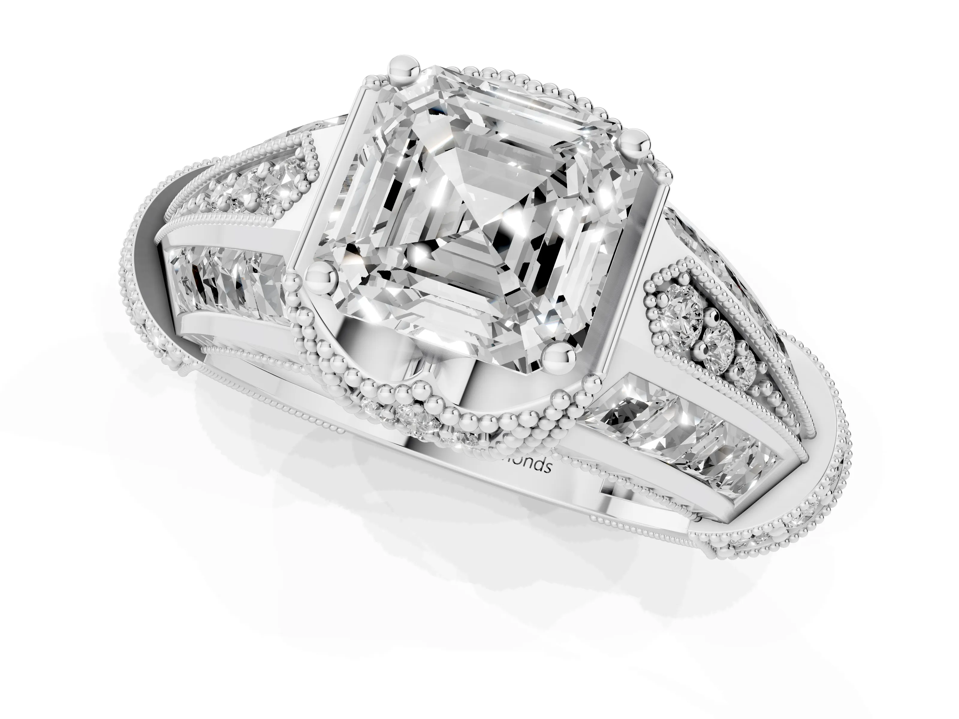 Asscher Cut Diamond Vintage-Inspired Milgrain Ring Set in White gold with Accent Split Shank
