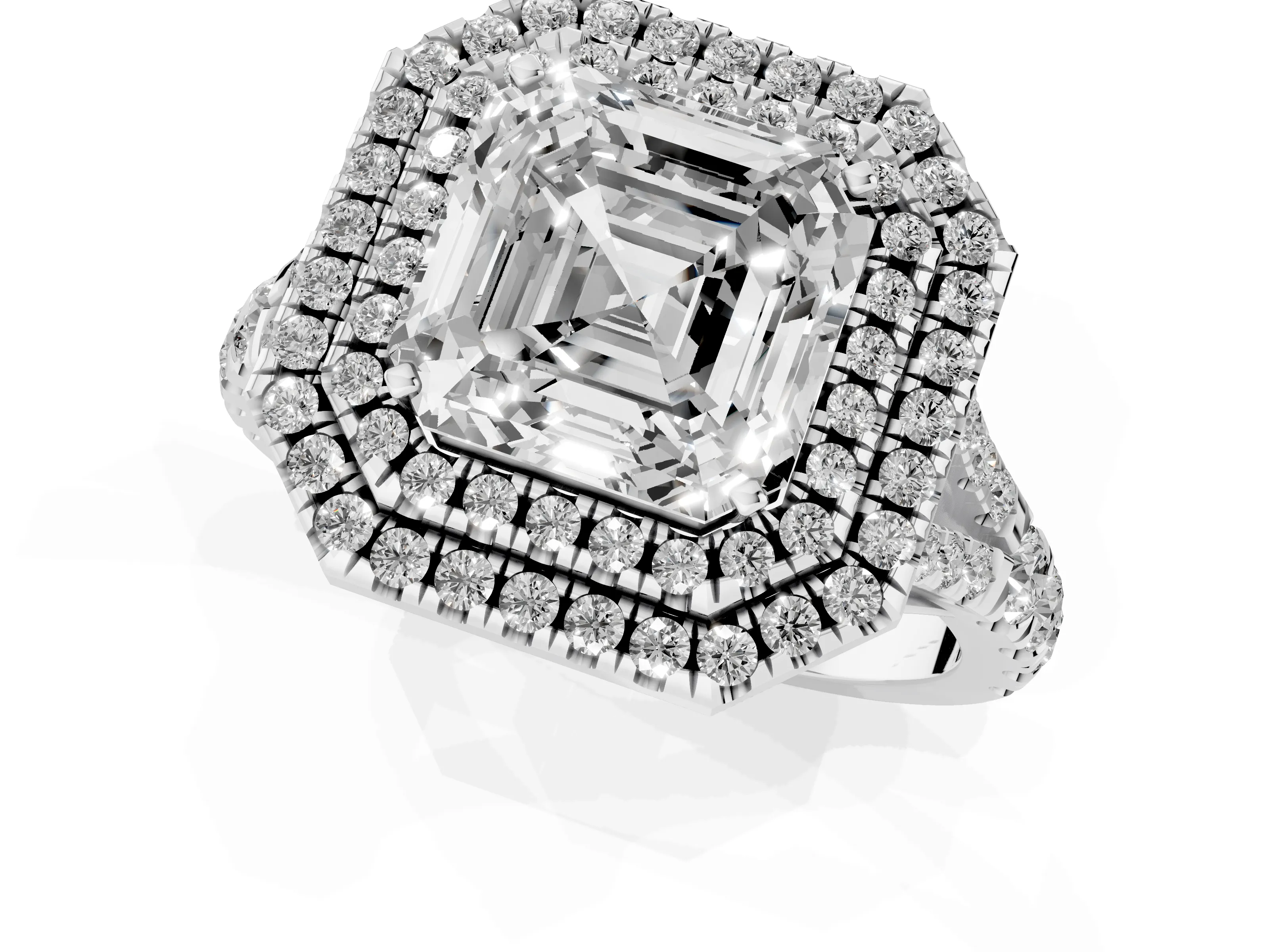 Asscher Cut Diamond Pavé Split Shank Double Halo Engagement Ring Set in Platinum