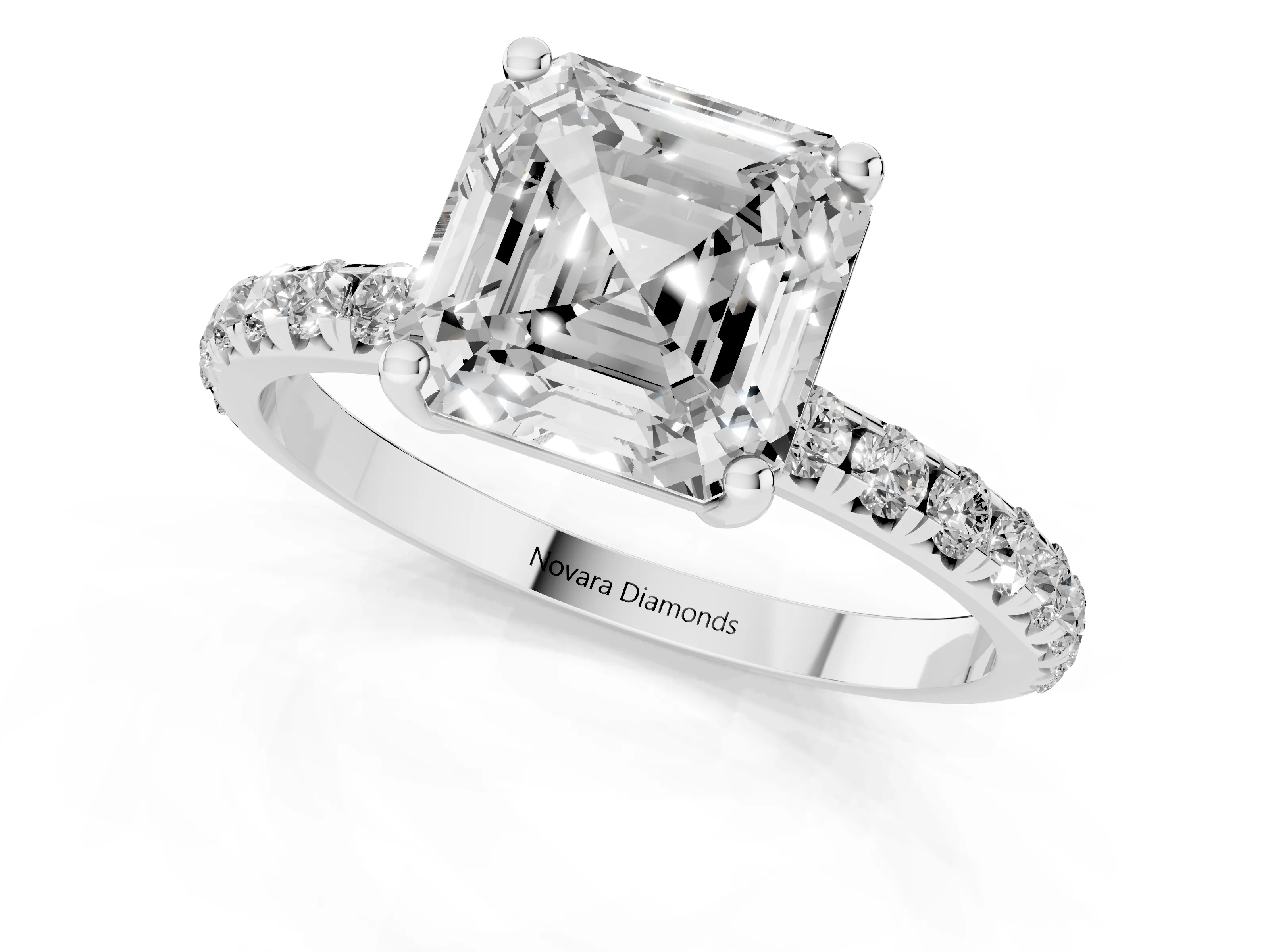 Asscher Cut Diamond Solitaire Ring Set in Platinum with Micro Pavé Band and Prong Setting