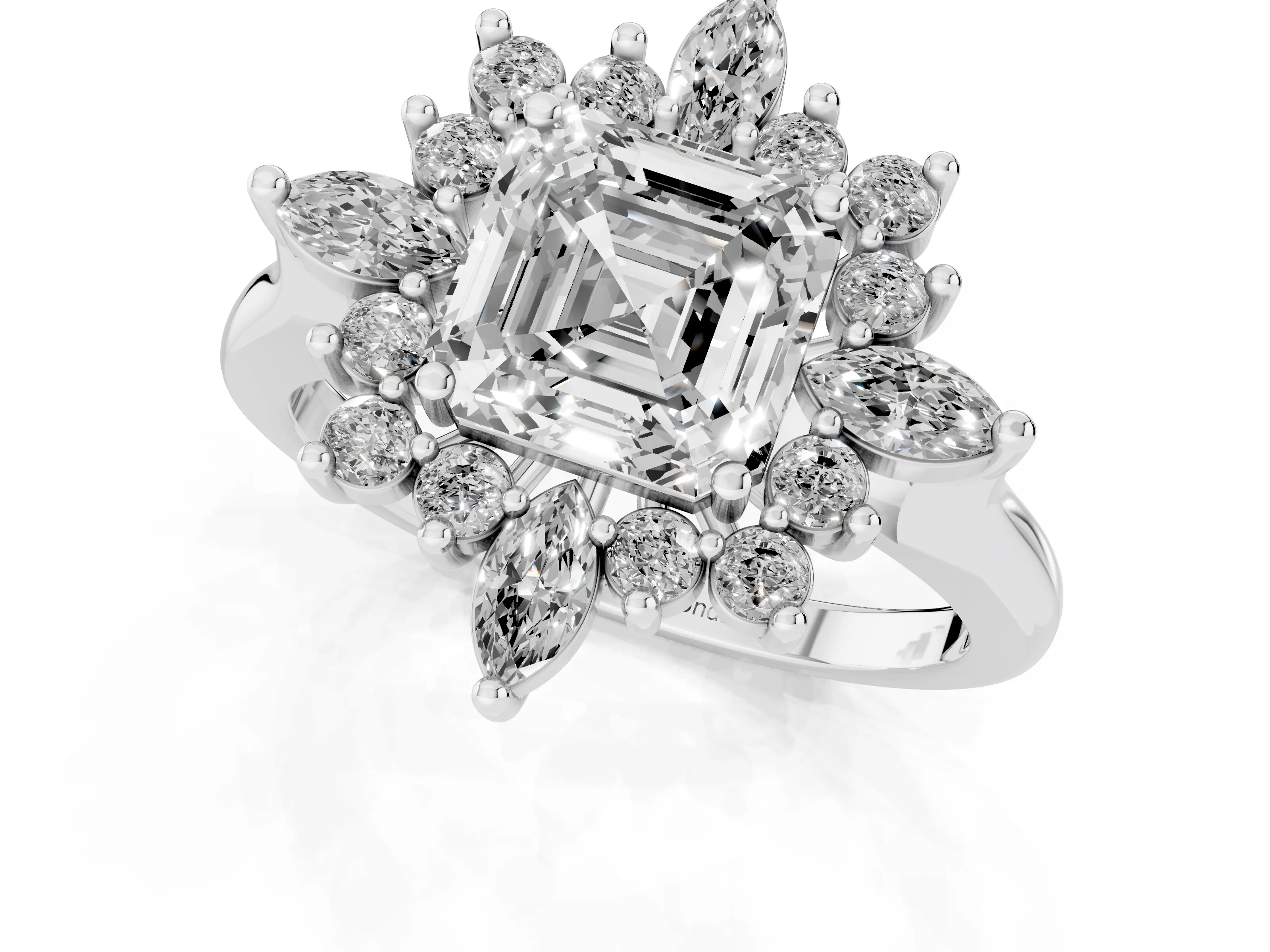 Asscher Cut Diamond Cluster Halo Ring Set in White gold with Marquise and Round Accents