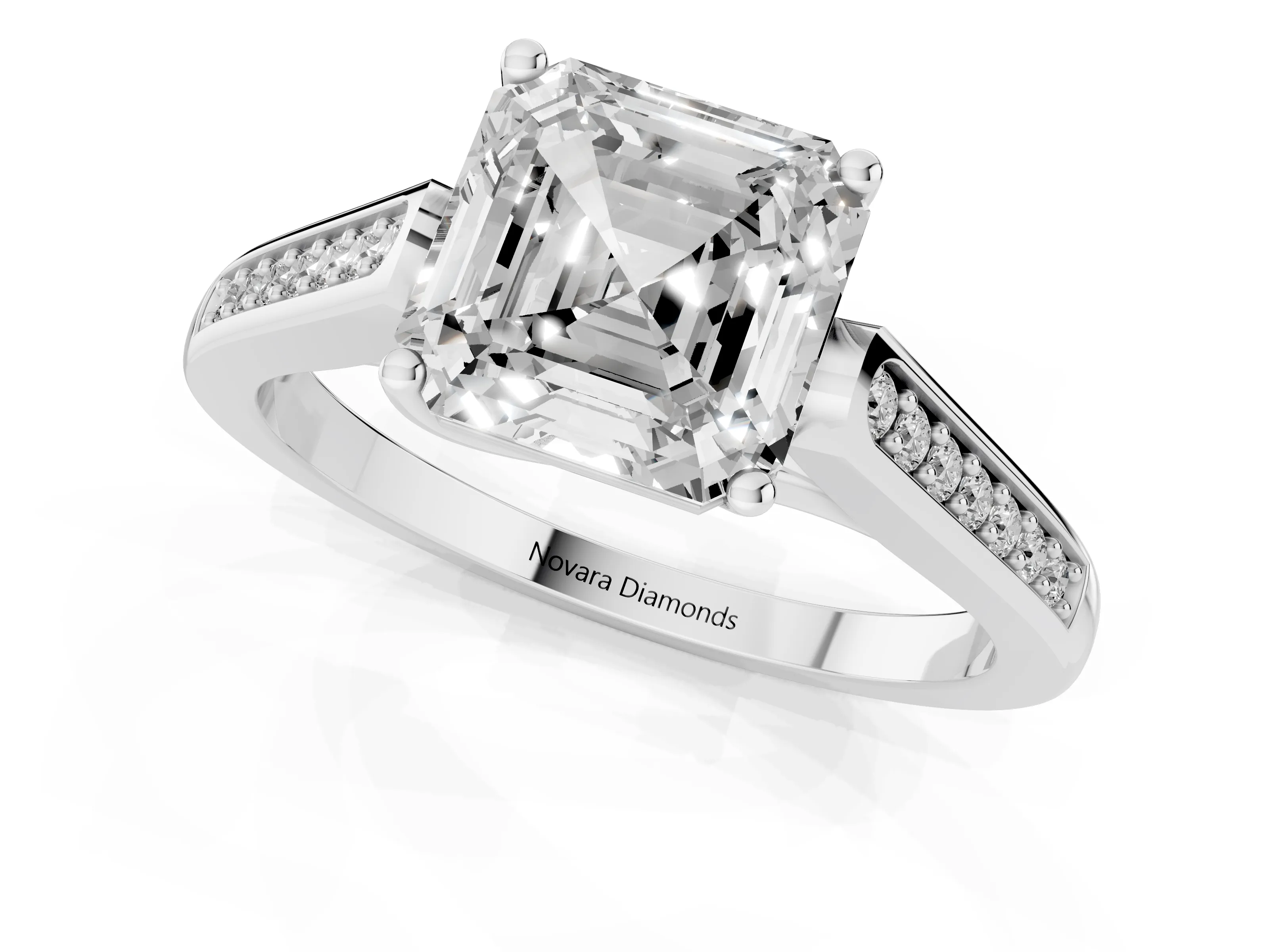 Asscher Cut Diamond Solitaire Cathedral Engagement Ring Set in White gold with Channel-Set Band and Prong Setting